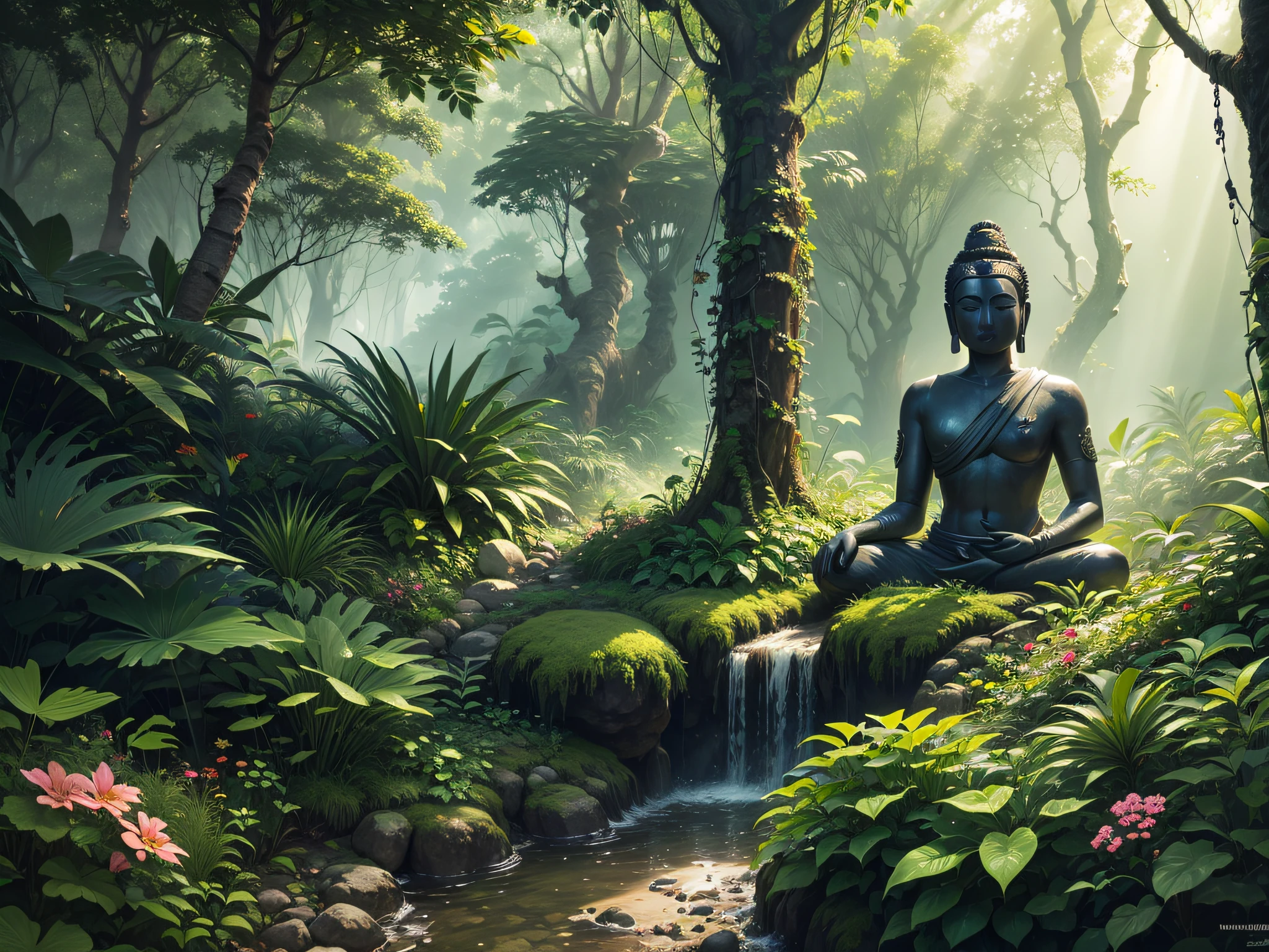(best quality, 4k, 8k, highest, masterpiece:1.2), ultra-detailed, realistic, jungle, lush greenery, tropical plants, vibrant flowers, dense foliage, sunlight filtering through the canopy, misty atmosphere, cascading waterfalls, focus on describing the scene, exotic birds and animals, many flowers, many butterflies, many birds, many wild animals, hidden paths and trails, adventure and exploration, wildlife, Ancient stone Buddha head, mysterious aura, serene and tranquil, immersive experience, lifelike textures, rich colors, deep shadows, ethereal lighting