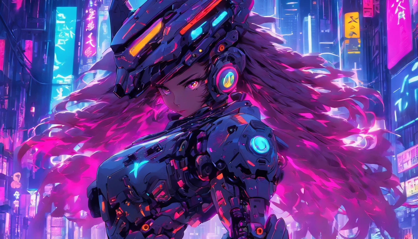 Cyberpunk power armor girl,full bodyesbian,Technology enhancements, futuristic urban background, Mechanical details, cyberpunk futurism, Mechanical fantasy, Abu Yijun, Cyberpunk power armor girl, Neon Network City, High-Tech Warrior, actionpose, Neon city background, Neon light, Glitch light, Holographic light