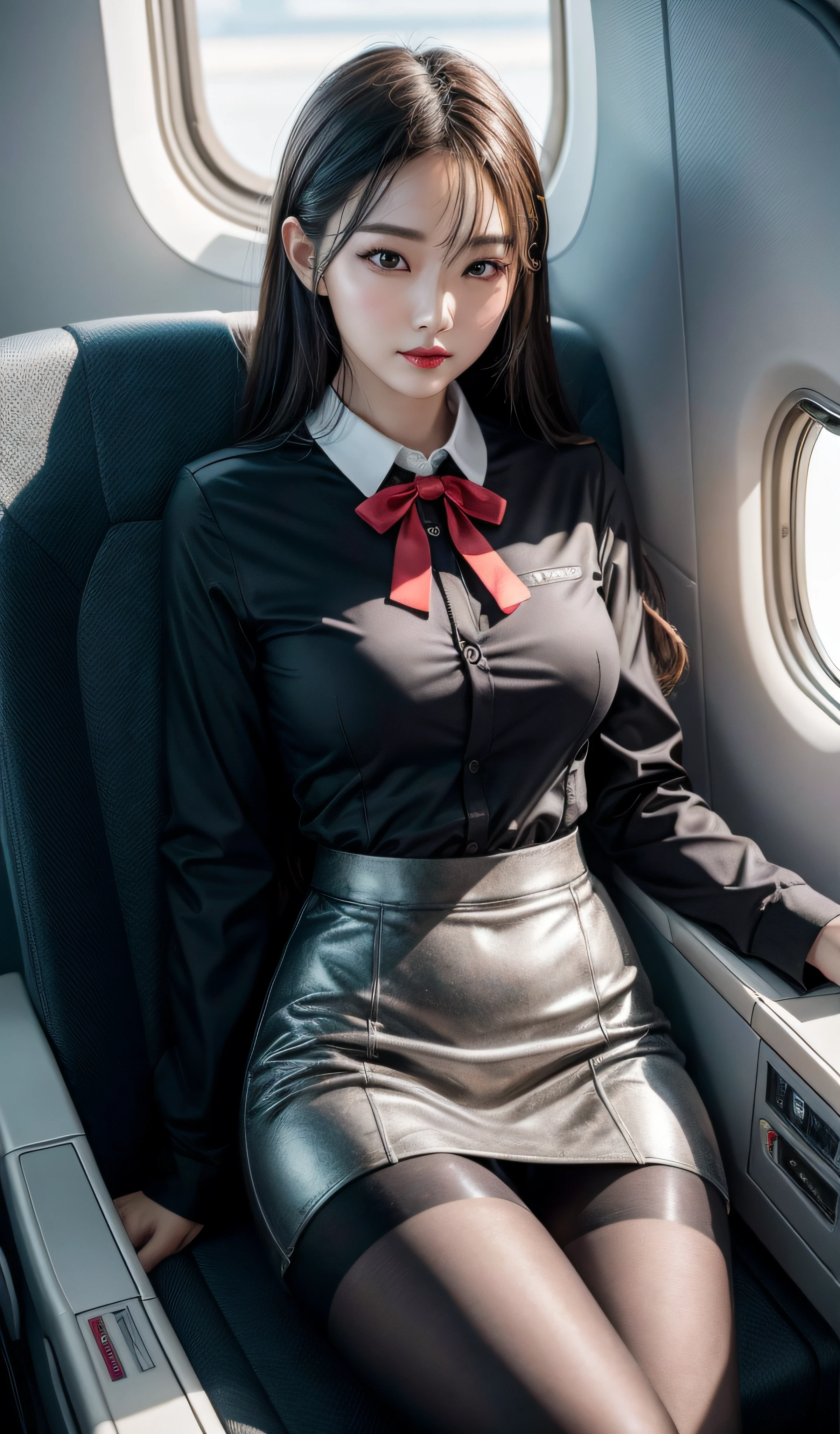 8K, Masterpiece, RAW photo, Best quality, detail:1.2),Photorealistic, Extremely detailed CG unifies 8K, 8K, Depth of field, Cinematic light, Lens flare, Ray tracing, ,Pretty Korean girl, Kpop idol, Photo of a sexy woman sitting in an airplane seat,Wearing a flight attendant uniform,pleatedskirt,(black pantyhoses:1.3),tight fit clothes,mediuml breasts,Wide buttock,being thin,Redlip,黑The eye,(unholy:0.9),Cross ed leg,(textured fabrics:0.9),looking at viewert,(ssmile:0.8),flirting to the camera,(metallic fabric:0.5),extremly intricate,(realisticlying,primitive:1.5), Sideslit, (bblurry:0.9), detail in face, poor quality photo, hight contrast, inside airplane, Slender, bow-shaped, (birthmark:0.4)