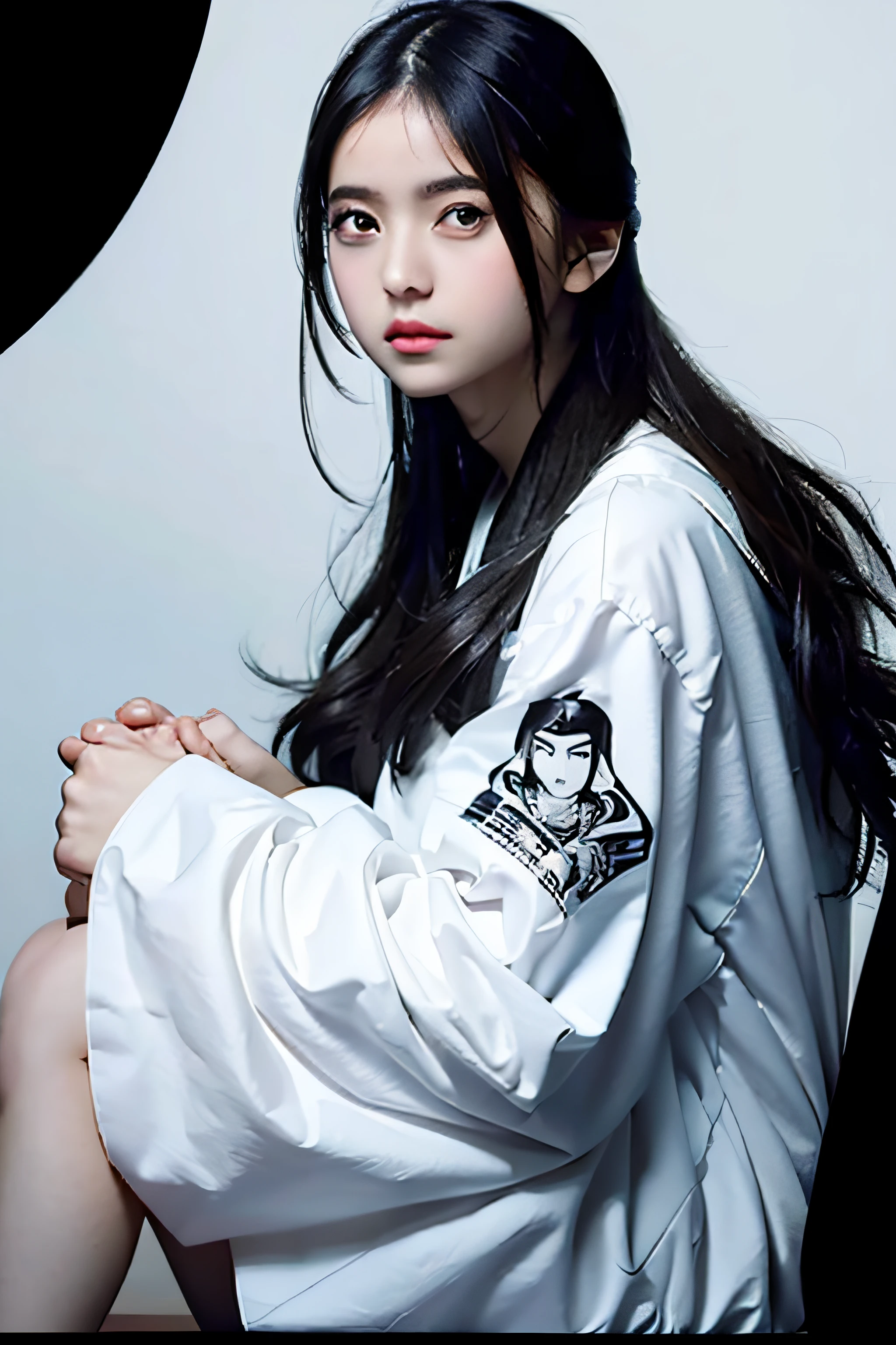 1 girl, woman, handsome, ink, ((2.5D)), black hair, floating hair, delicate eyes, fov, (f1.8), (masterpiece), (portrait shot), front shot, white background, (movie poster) ????? ?????