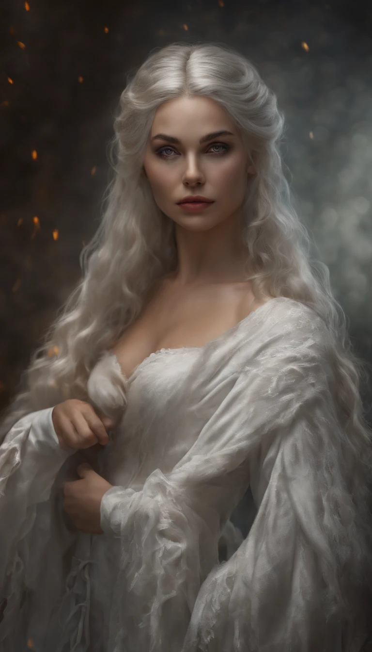 White-haired animated girl, Blindfold in a red dress, Gray-haired god, cradling hands, DOA, Unreal fantasy, Guwitz, Fantasy art style, White mask, beautiful fantasy maiden, White-eyed girl, Beautiful girl, gray-haired girl, Delicate white eyes, Guvitz-style artwork, beautiful fantasy art.