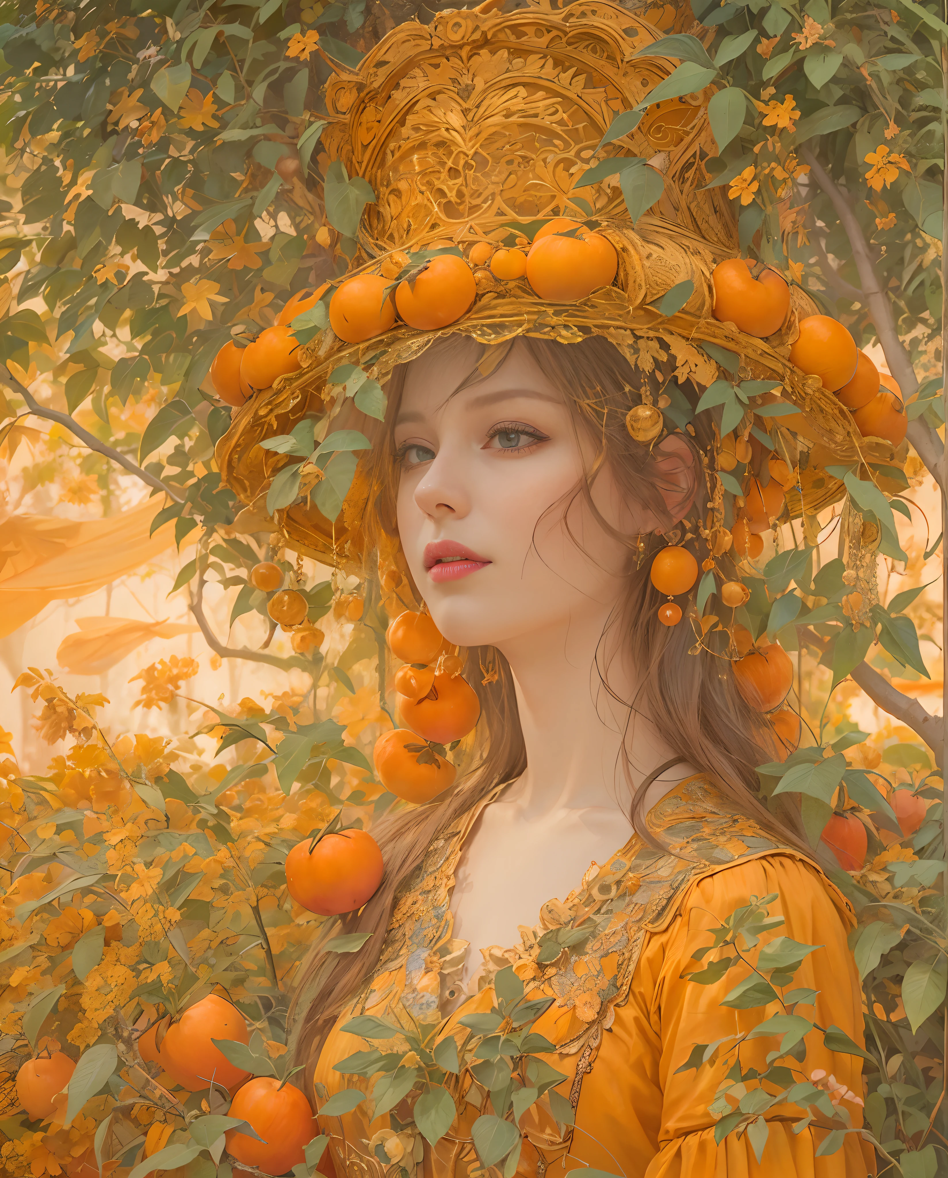 Best quality, masterpiece, meticulous details, intricate detail, a mystical lady in tangerine grove