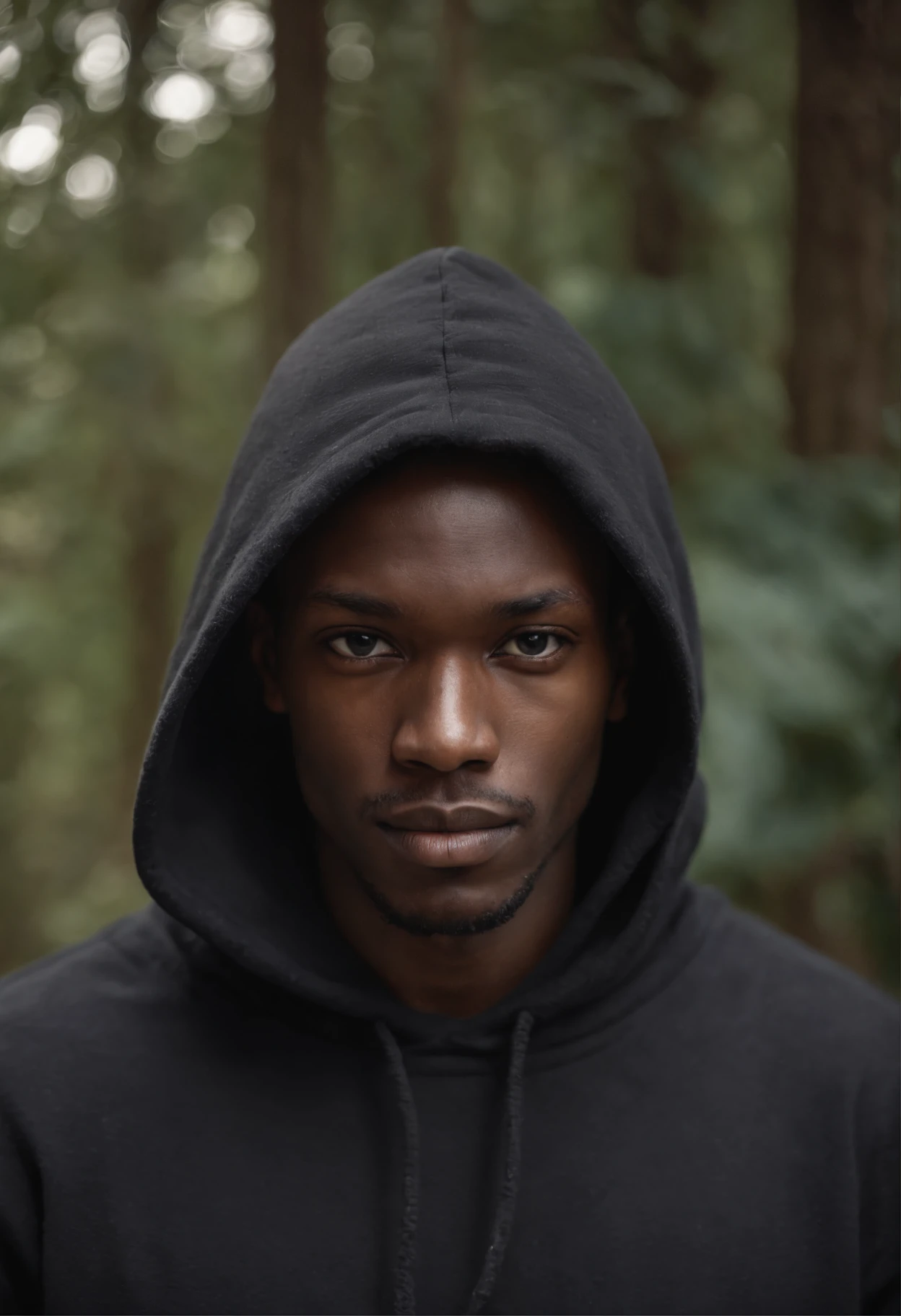 Mysterious frontal African male personages with a black hooded sweater hiding his face creating a mysterious