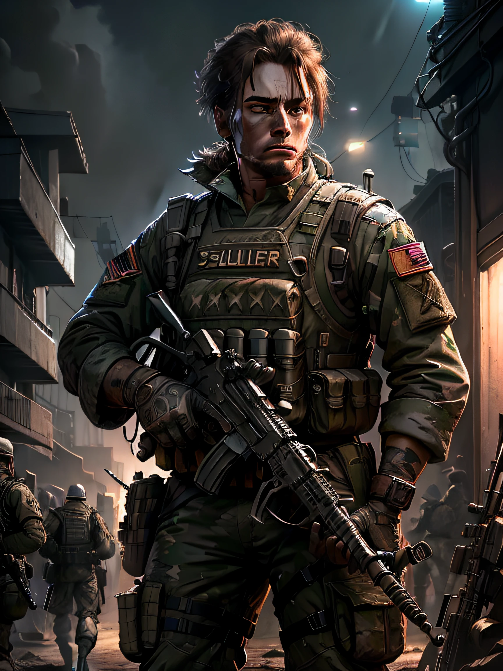 Soldiers in dark uniforms and assault rifles, ruined background, Realistic, Stylish, Assault vests, hdr, Intricate details, ultra - detailed, Cinematic, rim-light, danger atmosphere