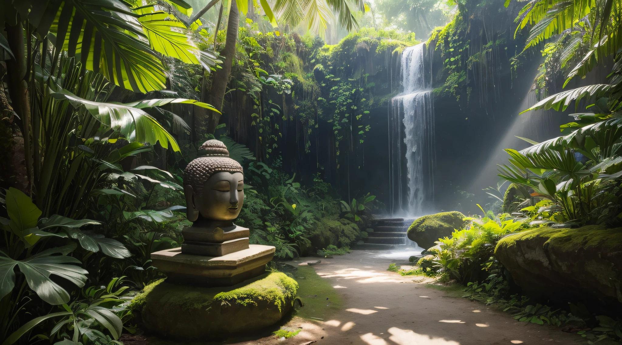 (best quality, 4k, 8k, highest, masterpiece:1.2), ultra-detailed, realistic, jungle, lush greenery, tropical plants, vibrant flowers, dense foliage, sunlight filtering through the canopy, misty atmosphere, cascading waterfalls, focus on describing the scene, exotic birds and animals, many flowers, many butterflies, many birds, many wild animals, hidden paths and trails, adventure and exploration, wildlife, Ancient stone Buddha head, mysterious aura, serene and tranquil, immersive experience, lifelike textures, rich colors, deep shadows, ethereal lighting, the scene seen from airplane,
