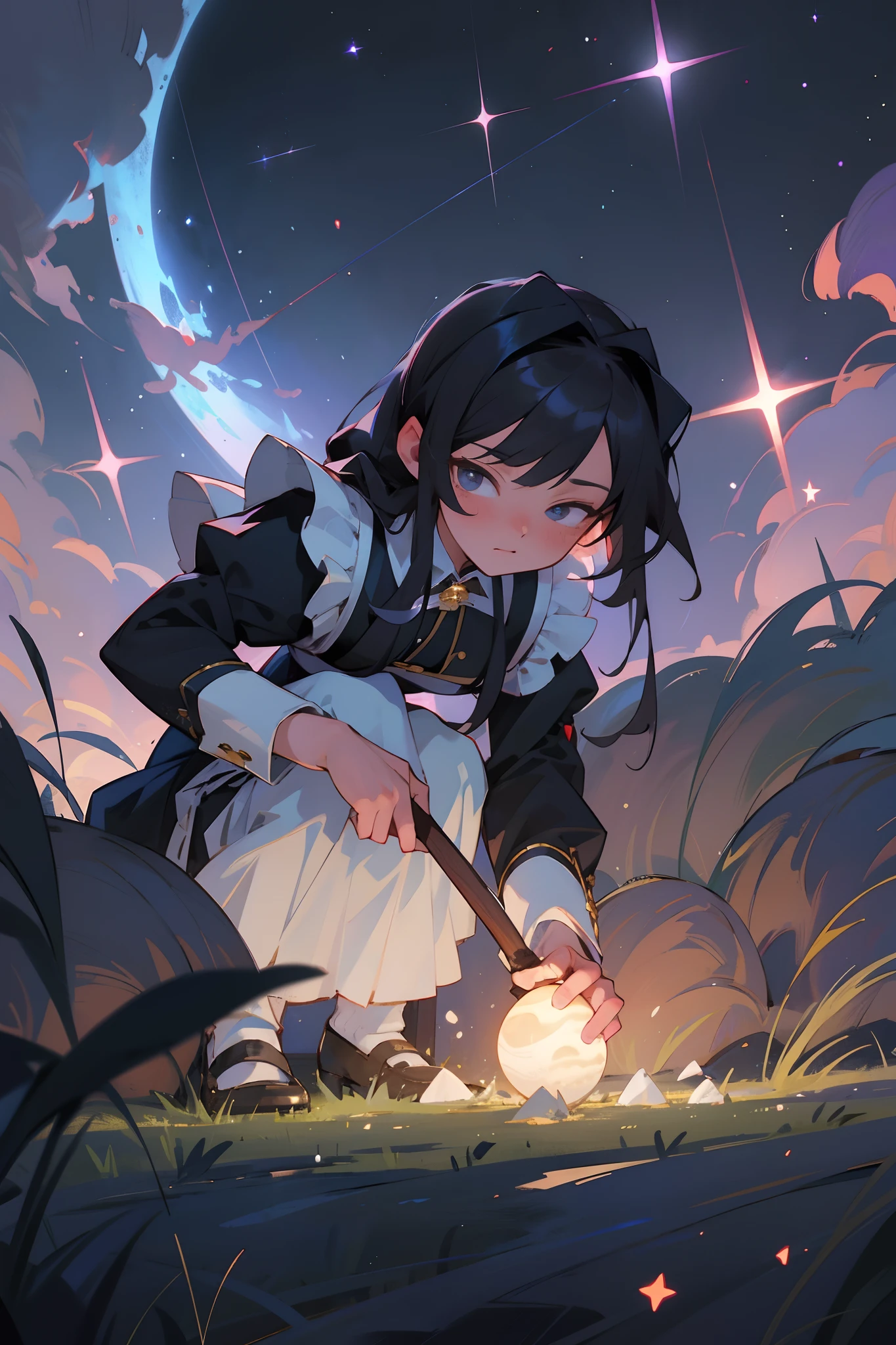 tmasterpiece,Best quality at best,highly details, Ultra-detailed 8K, 超高分辨率,The maid and butler stood on the ground,kosmos,starlights,starrysky,black hole,Bask in starlight,perfect compositions,