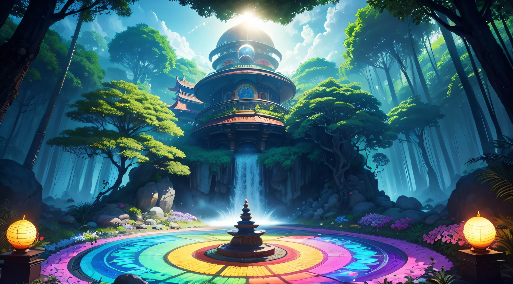 magic circle, tropical forest, flowers of all colors and shapes, pagoda, flowers of all colors and shapes, beautiful dress, kundalini, Magic Tape, waterfall, zen garden, huge rocks, hyper realistic, fantasy, materialized luminous energy, energy spheres, psychedelic art, colorful, sun, clouds, external view