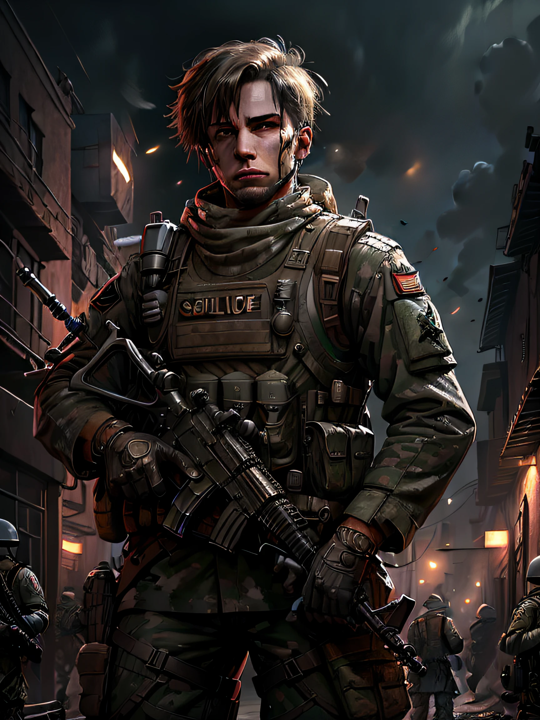 Soldiers in dark uniforms and assault rifles, ruined background, Realistic, Stylish, Assault vests, hdr, Intricate details, ultra - detailed, Cinematic, rim-light, danger atmosphere