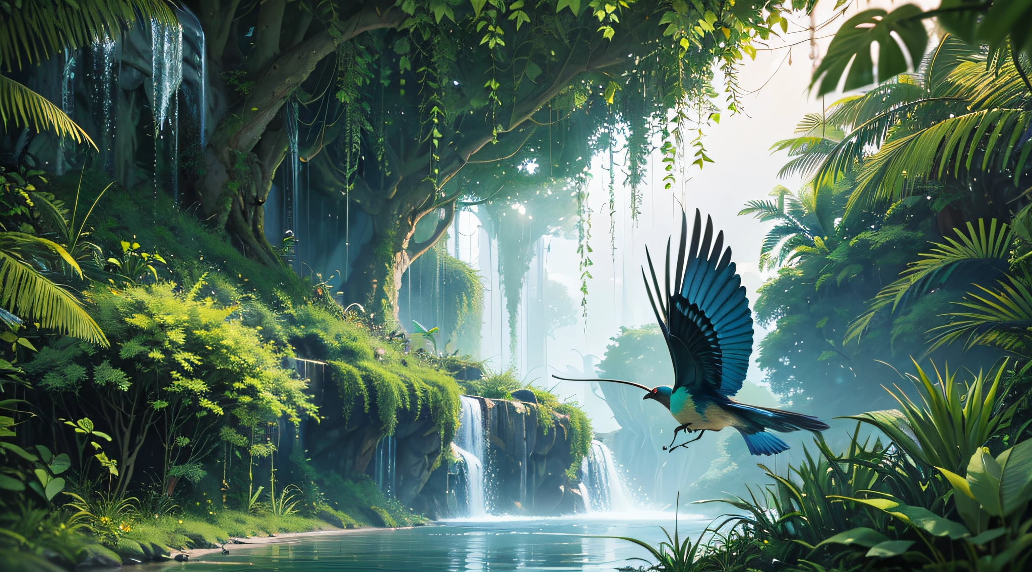 (best quality, 4k, 8k, highest, masterpiece:1.2), ultra-detailed, realistic, jungle, lush greenery, tropical plants, vibrant flowers, dense foliage, sunlight filtering through the canopy, misty atmosphere, cascading waterfalls, focus on describing the scene, exotic birds and animals, many flowers, many butterflies, many birds, many wild animals, hidden paths and trails, adventure and exploration, wildlife, Ancient stone Buddha head, mysterious aura, serene and tranquil, immersive experience, lifelike textures, rich colors, deep shadows, ethereal lighting, the scene seen from airplane,