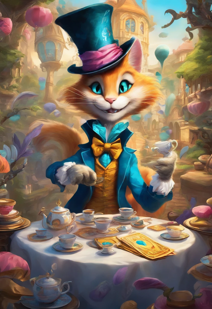 The image shows a breathtaking wonderland scene, richly detailed with an artistic style and vibrant colors. In the center of the image stands Alice, the protagonist, wearing a bright blue dress and holding her famous pocket watch. Behind her stands the White Rabbit majestically with a breathless expression on his face as he runs towards a huge giant tower clock. To Alice's right is the Cheshire Cat sitting on a strange and twisted tree, his huge yellow eyes glowing mysteriously as he smiles mockingly. In the background there are the colored silhouettes of playing cards as tall as houses, among which red hearts, black spades and shiny diamonds stand out. On the left of the image we find the Mad Hatter surrounded by his cheerful table set for tea. He wears his tall hat adorned with leaves and eccentric colored feathers. Along with him are flying cups floating in the air along with croissants that seem to be eaten out of thin air. The general scenario is characterized by animated flowers with bizarre shapes that dance following the enchanted melodies of the music coming from the Mad Hatter's party. Magical shades envelop the entire environment making it surreal and exciting.