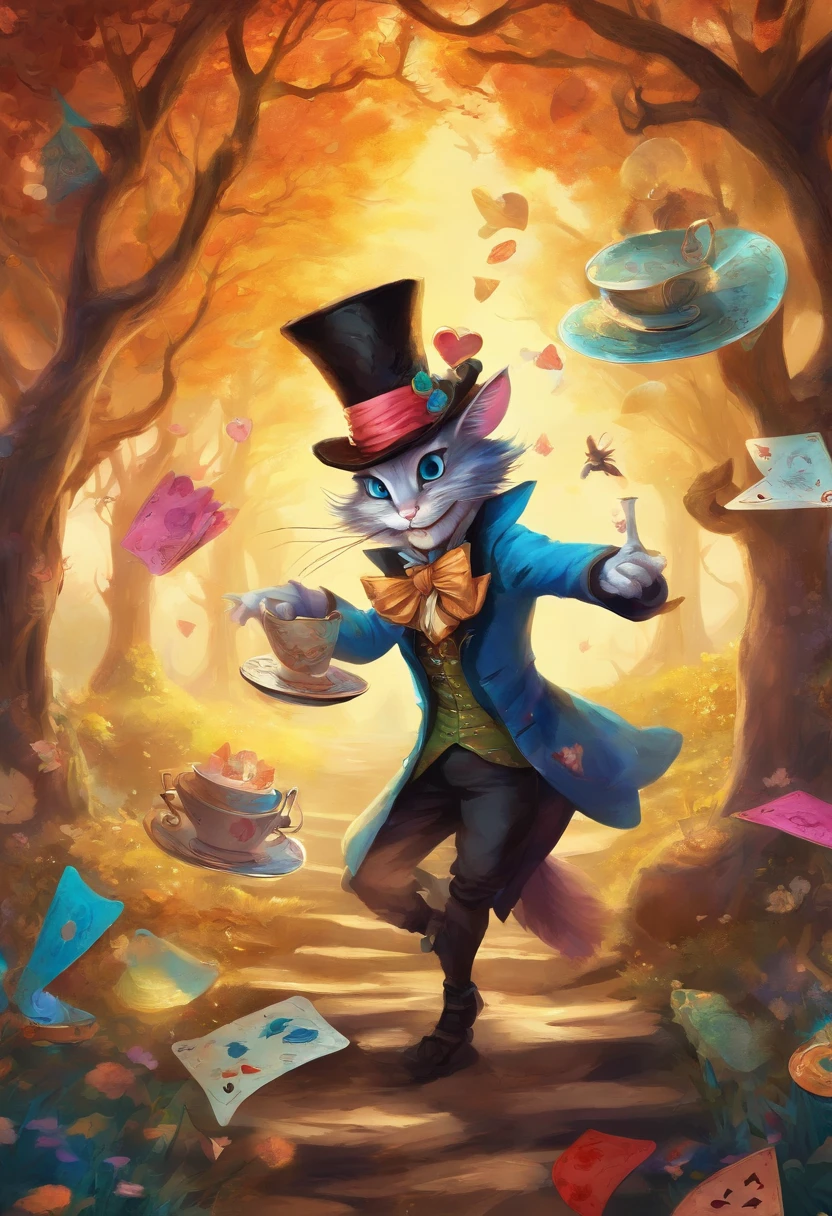 The image shows a breathtaking wonderland scene, richly detailed with an artistic style and vibrant colors. In the center of the image stands Alice, the protagonist, wearing a bright blue dress and holding her famous pocket watch. Behind her stands the White Rabbit majestically with a breathless expression on his face as he runs towards a huge giant tower clock. To Alice's right is the Cheshire Cat sitting on a strange and twisted tree, his huge yellow eyes glowing mysteriously as he smiles mockingly. In the background there are the colored silhouettes of playing cards as tall as houses, among which red hearts, black spades and shiny diamonds stand out. On the left of the image we find the Mad Hatter surrounded by his cheerful table set for tea. He wears his tall hat adorned with leaves and eccentric colored feathers. Along with him are flying cups floating in the air along with croissants that seem to be eaten out of thin air. The general scenario is characterized by animated flowers with bizarre shapes that dance following the enchanted melodies of the music coming from the Mad Hatter's party. Magical shades envelop the entire environment making it surreal and exciting.