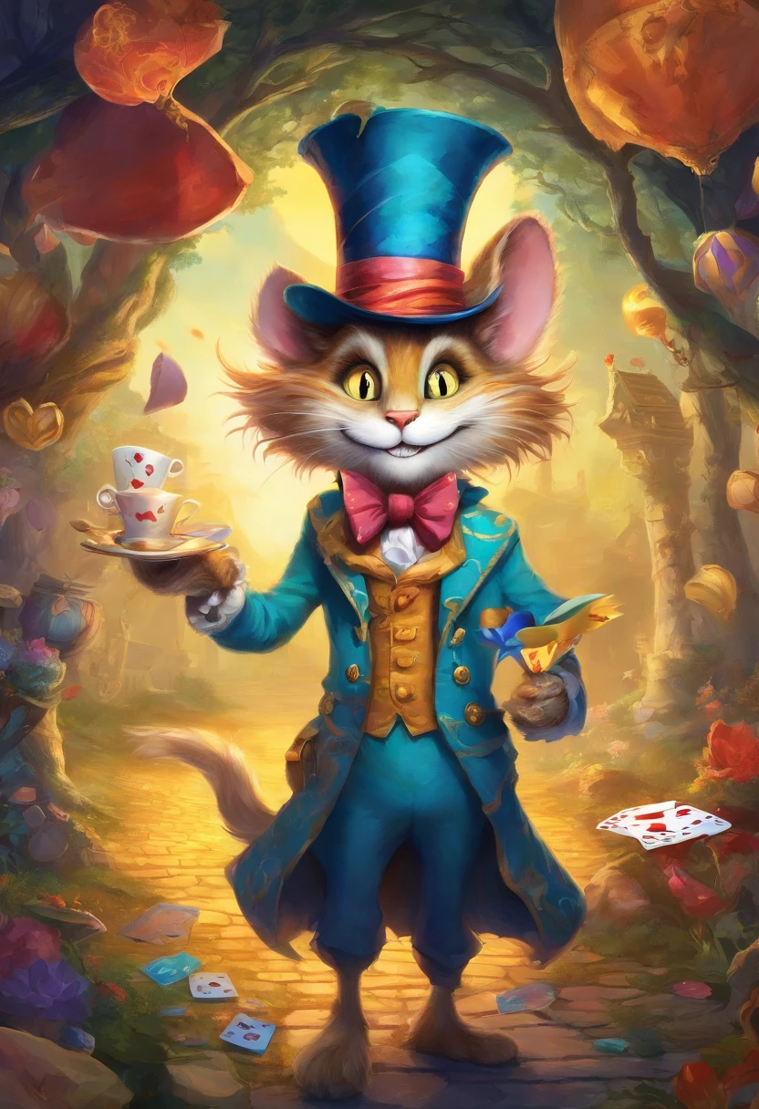The image shows a breathtaking wonderland scene, richly detailed with an artistic style and vibrant colors. In the center of the image stands Alice, the protagonist, wearing a bright blue dress and holding her famous pocket watch. Behind her stands the White Rabbit majestically with a breathless expression on his face as he runs towards a huge giant tower clock. To Alice's right is the Cheshire Cat sitting on a strange and twisted tree, his huge yellow eyes glowing mysteriously as he smiles mockingly. In the background there are the colored silhouettes of playing cards as tall as houses, among which red hearts, black spades and shiny diamonds stand out. On the left of the image we find the Mad Hatter surrounded by his cheerful table set for tea. He wears his tall hat adorned with leaves and eccentric colored feathers. Along with him are flying cups floating in the air along with croissants that seem to be eaten out of thin air. The general scenario is characterized by animated flowers with bizarre shapes that dance following the enchanted melodies of the music coming from the Mad Hatter's party. Magical shades envelop the entire environment making it surreal and exciting.