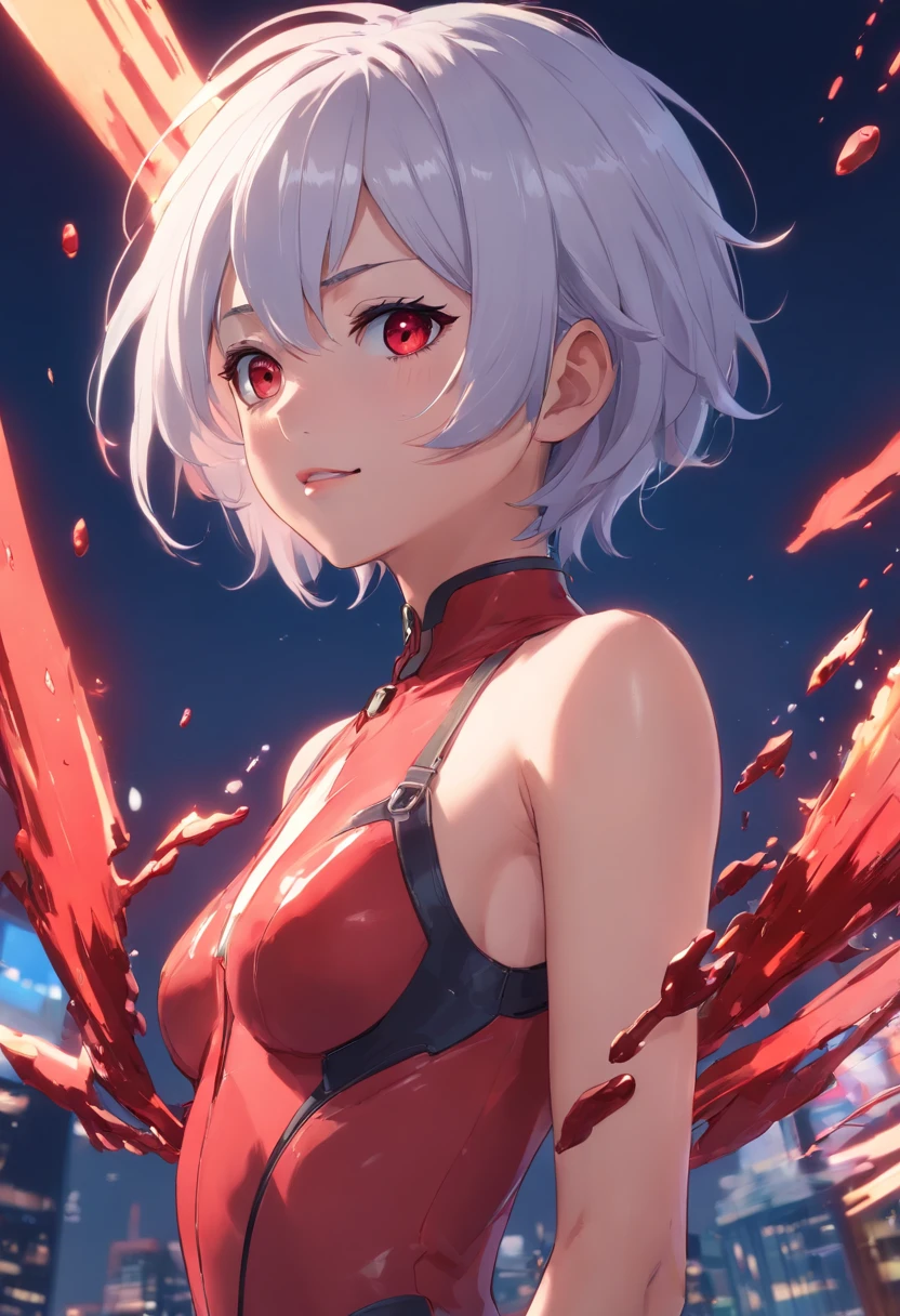 (White hair, Short hair,white eyeballs),(Red and black bodysuit), skinFang, Red lips, Seductive smile,aggressive,Chiaroscuro, depth of fields, Cowboy Shot, (Full body:1.5), masutepiece, Anatomically correct, Super Detail, high details, 8K, nffsw(blood splashing:1.3),
