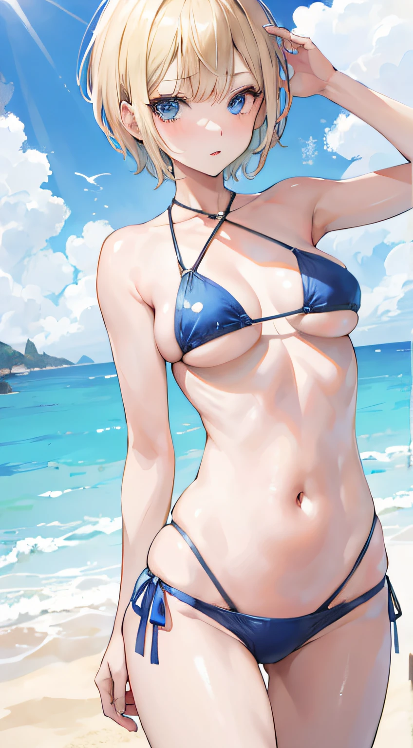 1girl, short blond hair, blue eyes, wearing sexy bikini, beach, absurdres, high res, ultrasharp, 8K, masterpiece, looking at viewer