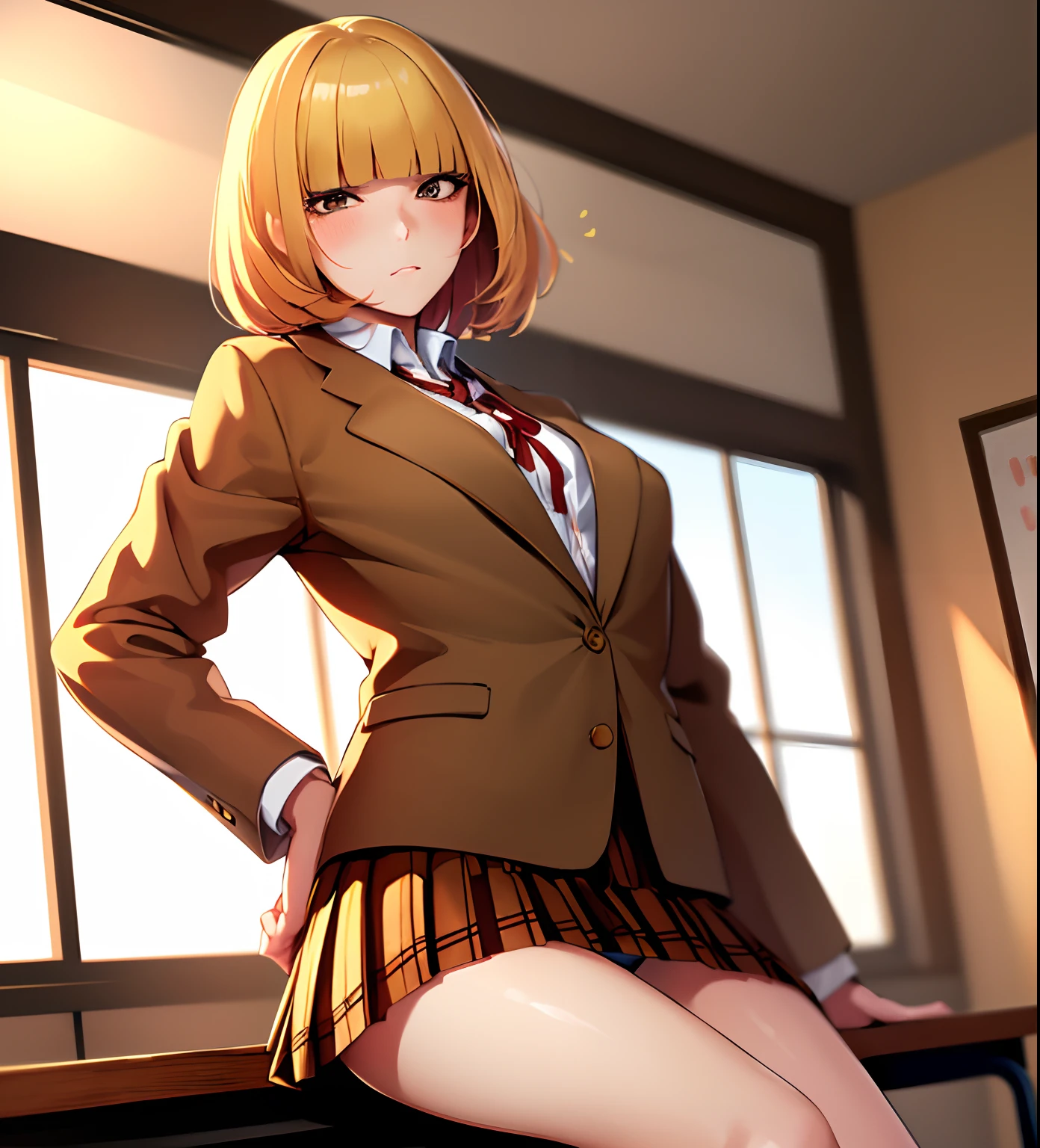 (masterpiece,best quality, detailed), 1girl, solo, classroom, indoors, midorikawa hana, brown jacket, neck ribbon, collared shirt, school uniform, plaid skirt, loafers, squinting, eyelashes, laying on back, raised legs, striped panties, angry, hands on hips