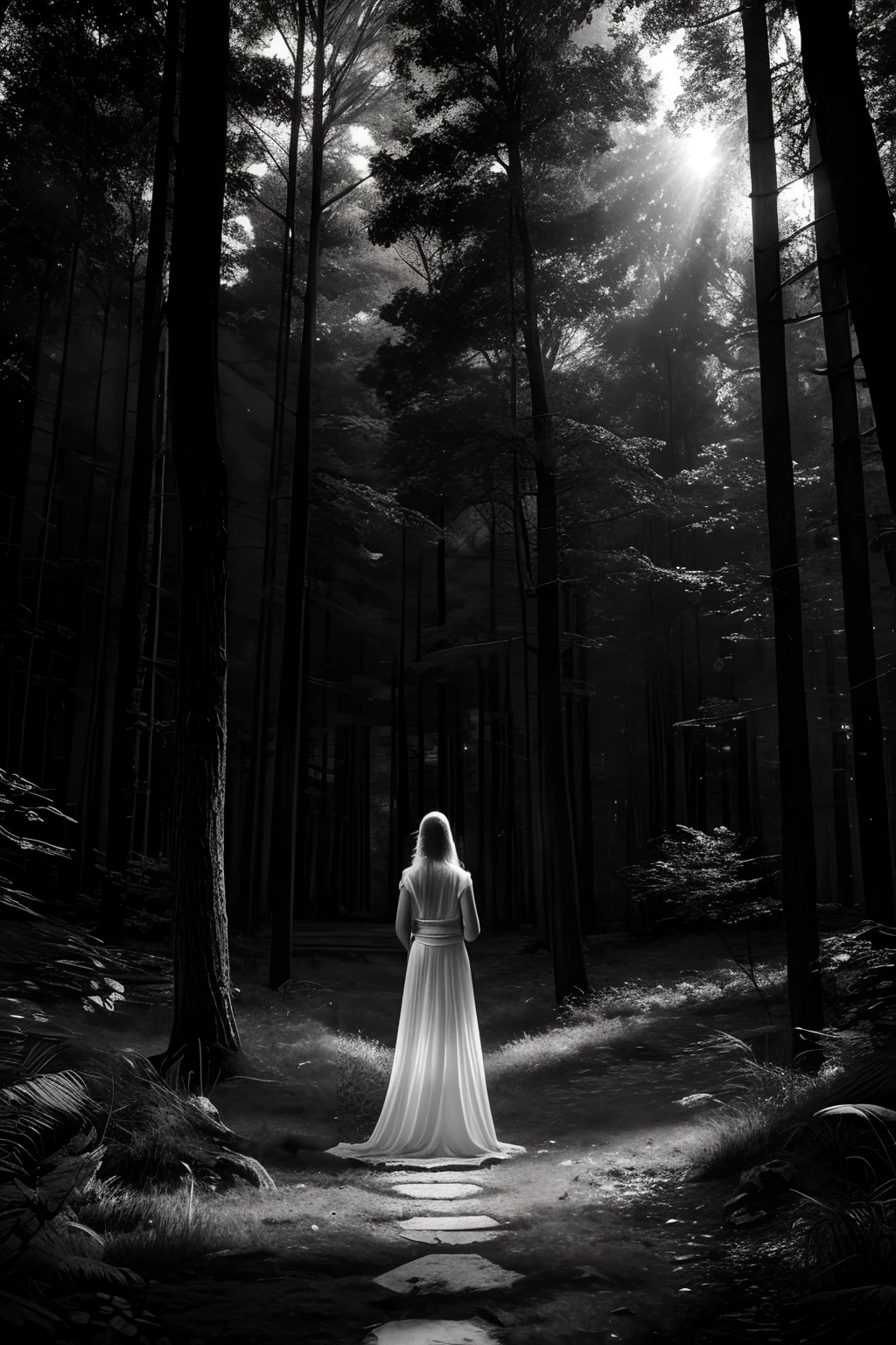 Black and white picture of a goddess woman, in the forest, dark and moody, photorealistic, soft pastel colours, tranquility, intricate, path tracing, illustration, insanely detailed, shadow mapping volumetric light, specular lighting