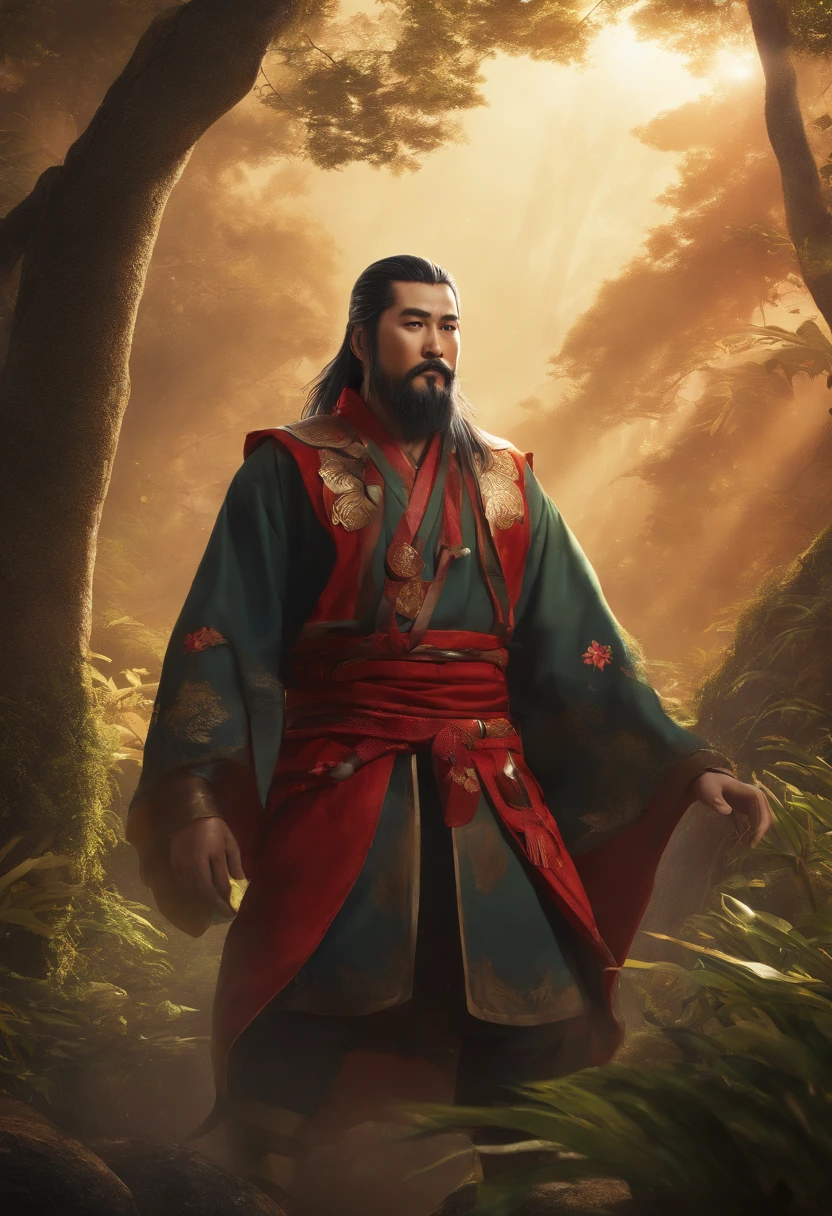 Stylish Japanese anime digital illustration, Ise is a success、Japanese Ise Kaitensei anime、Guan Yu lands in the jungle of another world、Otherworldly jungle,Reminiscent of the jungles of Vietnam、Feminized Guan Yu、nioh standing、Red glow background, Standing on the ground,boast。The ground is covered with mucus、A large group of mushrooms sparkles around the tree、Intimidate a bunch of monsters with his proud hegemony、Hyper Sharp Image, Hyper Sharp Image, Shinkai sincerely, Toriyama Akria, Gibri, Zelda,