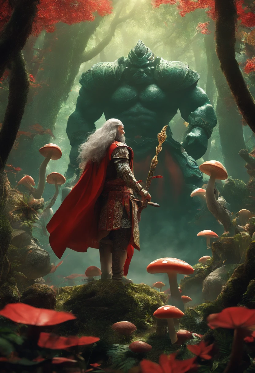 Stylish Japanese anime digital illustration, Ise is a success、Japanese Ise Kaitensei anime、Guan Yu lands in the jungle of another world、Otherworldly jungle,Reminiscent of the jungles of Vietnam、Feminized Guan Yu、nioh standing、Red glow background, Standing on the ground,boast。The ground is covered with mucus、A large group of mushrooms sparkles around the tree、Intimidate a bunch of monsters with his proud hegemony、Hyper Sharp Image, Hyper Sharp Image, Shinkai sincerely, Toriyama Akria, Gibri, Zelda,