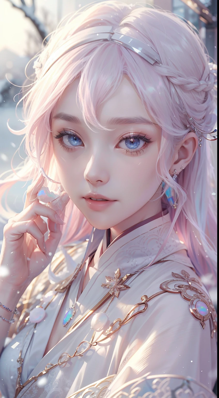 Works of masters，Best image quality，超高分辨率，8K分辨率，first person perspective，(full bodyesbian)，s the perfect face，Glowing skin，Exquisite facial features，solo person，femele，ssmile，long whitr hair，Pink hair，crossed bangs，Wave head，Bracelet，Collar，pendant，Hanfu，snowflower，Winters，Temple，New Year，Opal rendering，Cinematic lighting，Winter snow method