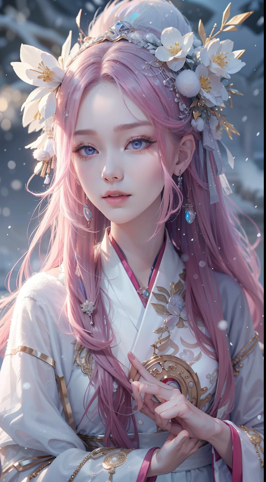 Works of masters,Best image quality,超高分辨率,8K分辨率,first person perspective,(full bodyesbian),s the perfect face,Glowing skin,Exquisite facial features,solo person,femele,ssmile,long whitr hair,Pink hair,crossed bangs,Wave head,Bracelet,Collar,pendant,Hanfu,snowflower,Winters,Temple,New Year,Opal rendering,Cinematic lighting,Winter snow method