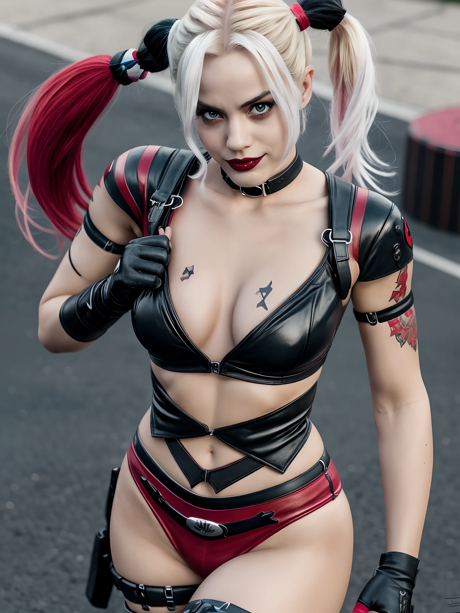 Harley Quinn, (((topless))), auf einer Schaukel, legwear, ultra realistisch, ultra-detailliert