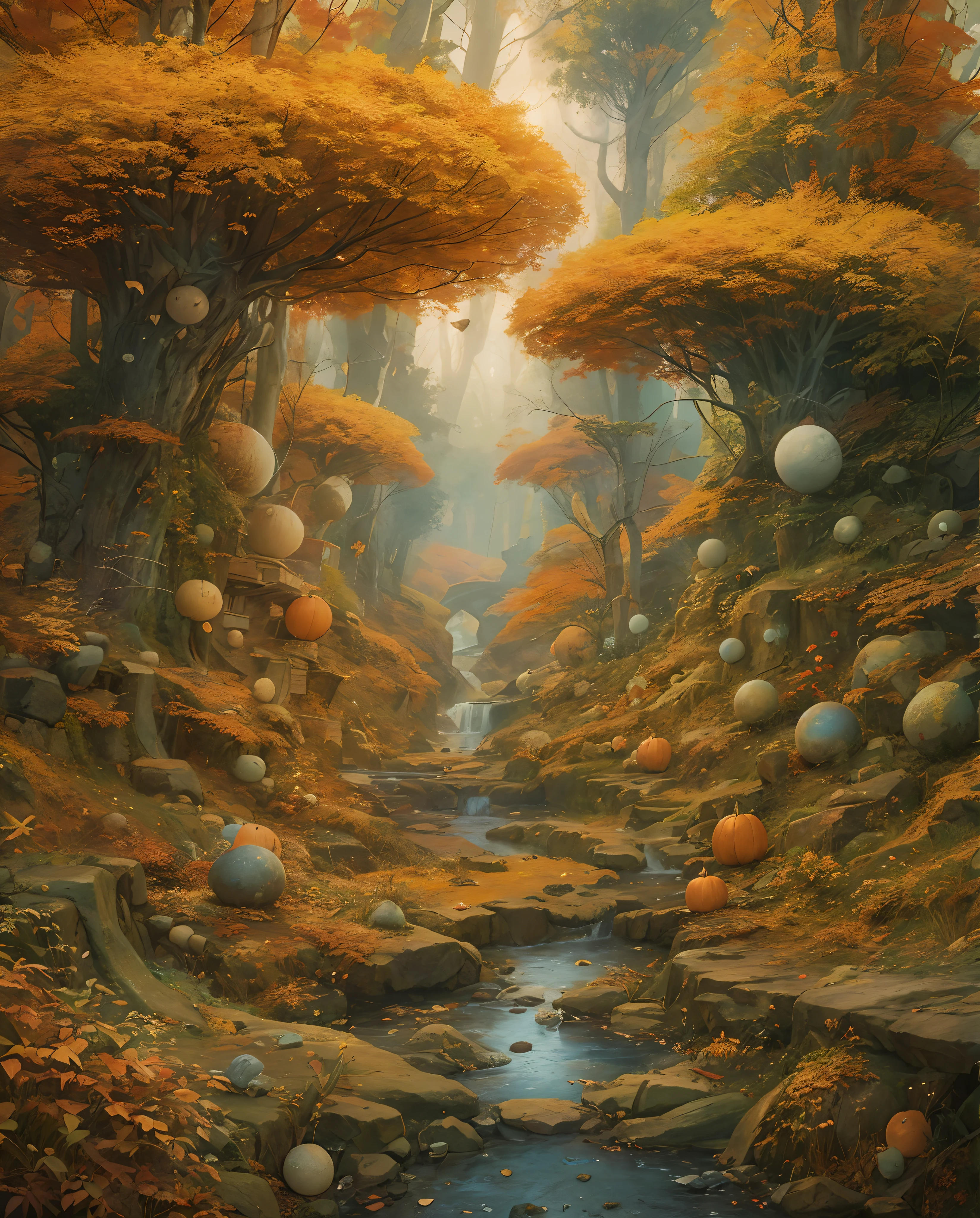 Best quality, masterpiece, meticulous details, intricate detail, autumn in mystical alien's planet