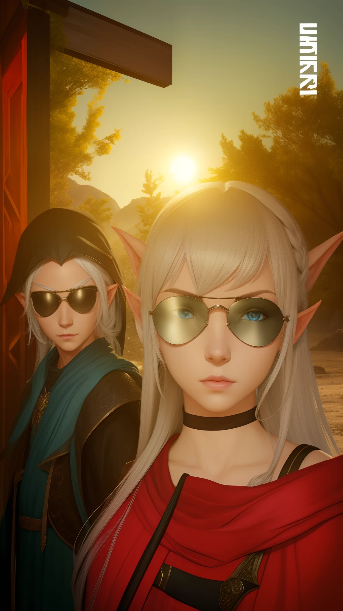 best quality, (wide shot), CGSsociety, 8K, ultra-realistic, masterpiece, dark elf, white hair, blue eyes, white clothes, black scarf, looking up, upper body, lock of hair, dark skin, straight and loose hair