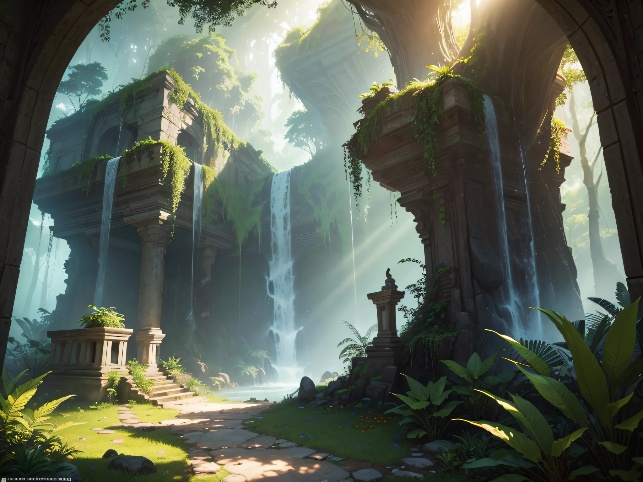 (best quality, 4k, 8k, highest, masterpiece:1.2), ultra-detailed, realistic, jungle, lush greenery, tropical plants, vibrant flowers, dense foliage, sunlight filtering through the canopy, misty atmosphere, cascading waterfalls, exotic birds and animals, many flowers, many butterflies, many birds, many wild animals, hidden paths and trails, adventure and exploration, wildlife, ancient ruins, mysterious aura, serene and tranquil, immersive experience, lifelike textures, rich colors, deep shadows, ethereal lighting