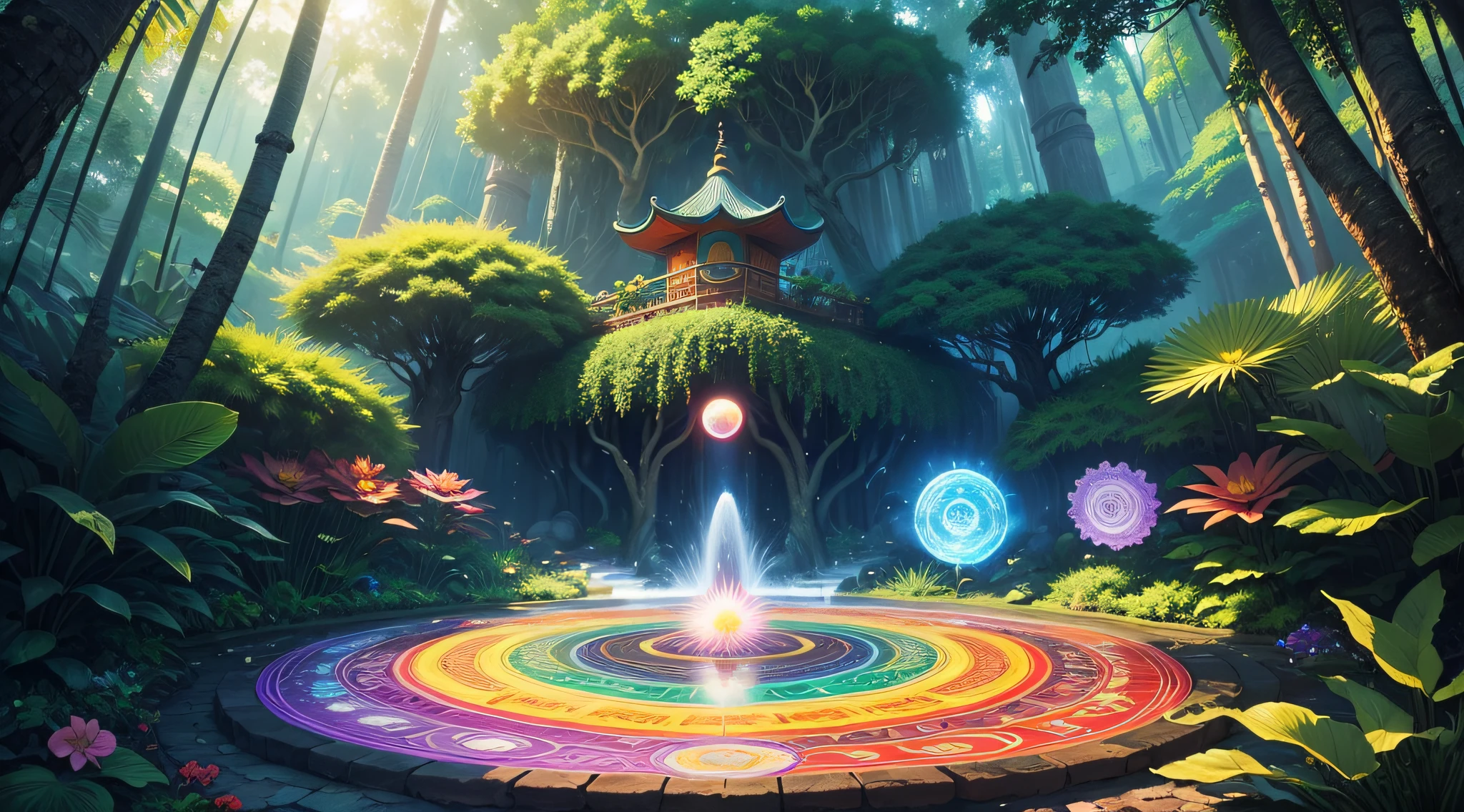 magic circle, tropical forest, flowers of all colors and shapes, pagoda, flowers of all colors and shapes, beautiful dress, kundalini, Magic Tape, waterfall, zen garden, huge rocks, hyper realistic, fantasy, materialized luminous energy, energy spheres, psychedelic art, colorful, sun, clouds, bird's eye view