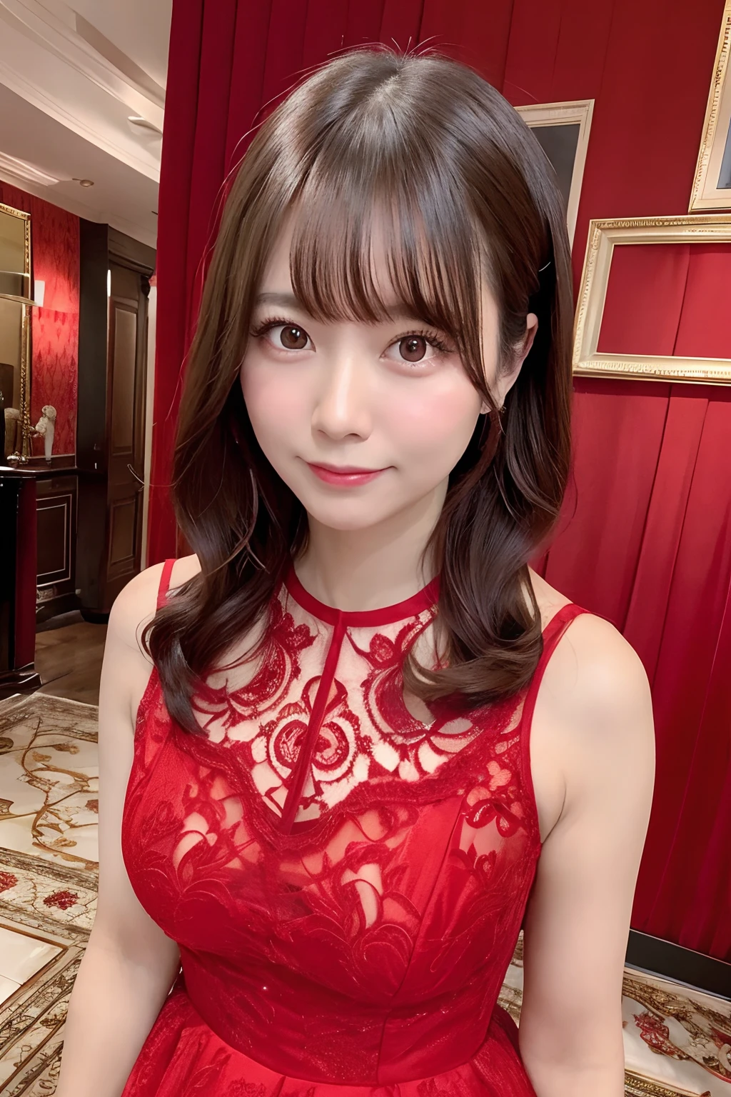Woman in red Dress、The background is a gorgeous red wallpaper、[photos realistic]!!,Candid flash photography、magnifica、Masa Nakayama、flash photo、Sui Ishida、Do not copy hands、adult lady、high-class sense、There are a lot of decorations