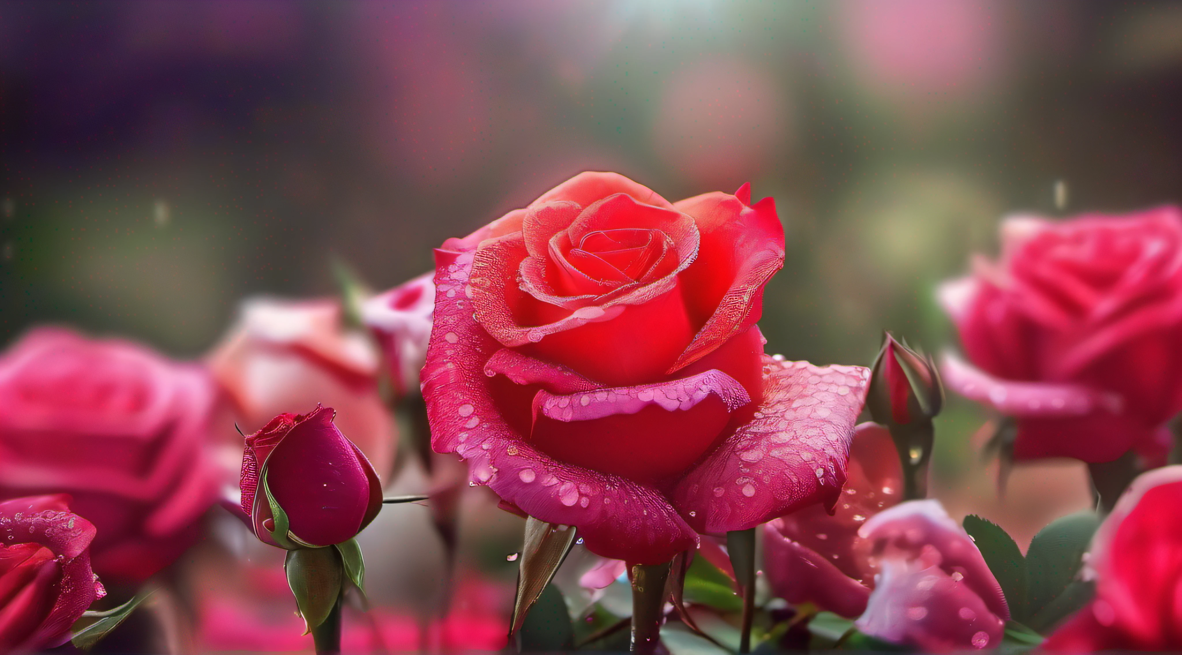 many red rose flowers in the garden and sunlight with bokeh, there are many different colored roses, Dew drops on flower petals, (masterpiece, ultra quality, high resolution, 8k, intricate: 1.2), (masterpiece), (best quality:1)