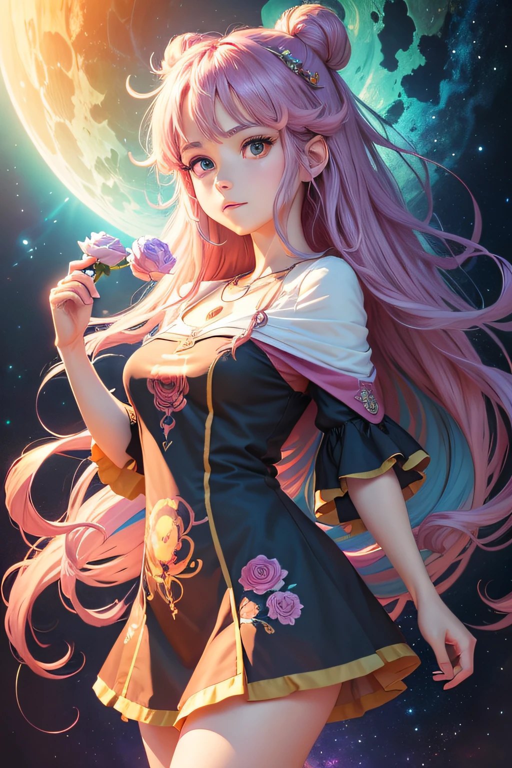 (best quality,4k,8k,highres,masterpiece:1.2),ultra-detailed,(realistic,photorealistic,photo-realistic:1.37),colorful hair,n-detailed necklace,anime girl with cosmic hair,Rose art soft and vibrant style,Ghibli-inspired artwork,fantasy art style,vibrant and energetic fantasy style,Rose art cartoonish and lively style,cosmic and colorful,Ghibli,fantastic digital art,vibrant and mesmerizing art style,beautiful anime style