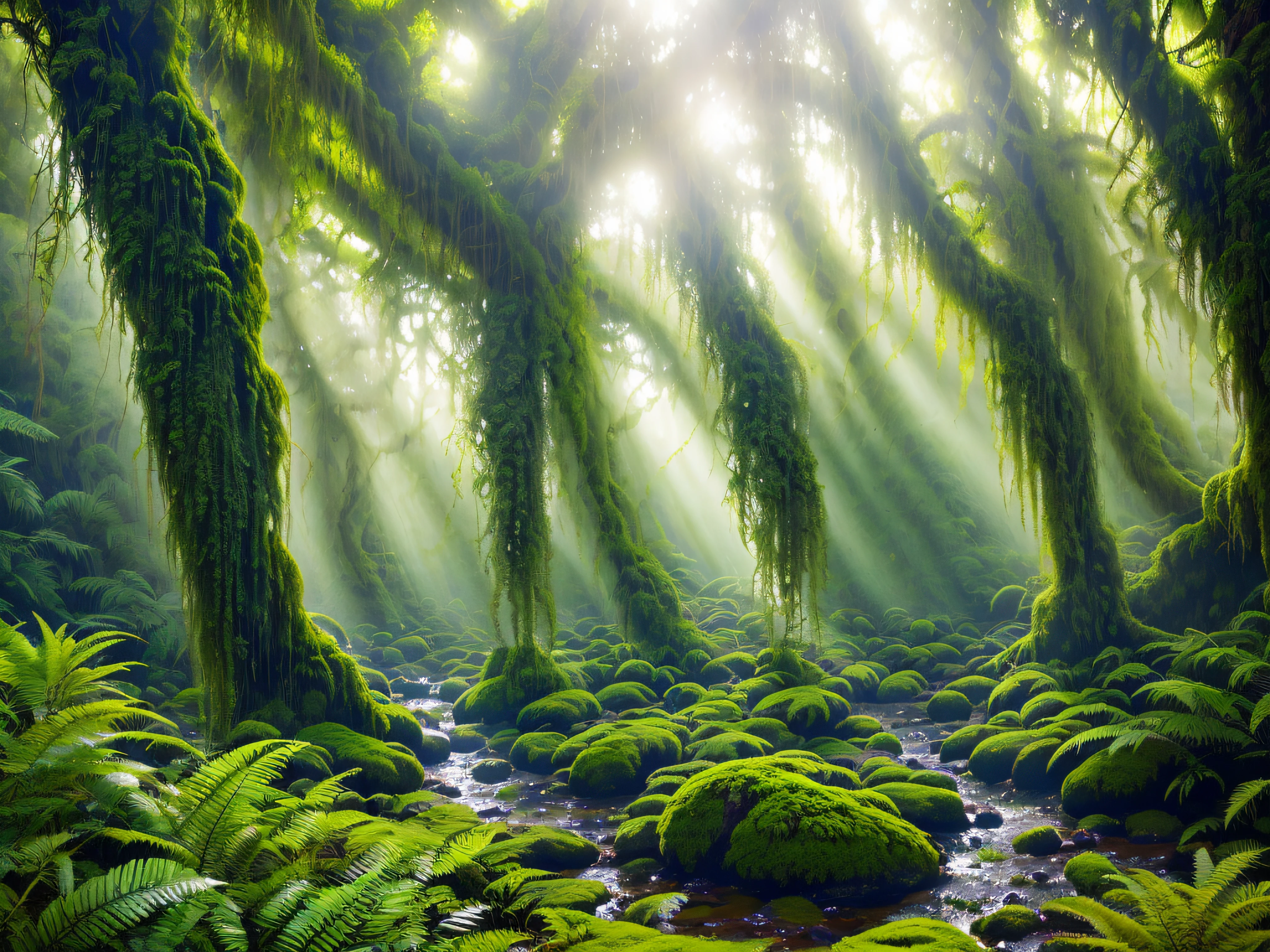 A jungle scene in a fantasy world, featuring a majestic jaguar walking gracefully through the dense foliage. The jaguar's fur is (vibrant and color-filled, strikingly patterned), with (intricate details, mesmerizing patterns) that catch the light. The jungle is (lush and vibrant, teeming with life), with towering trees covered in (lush green leaves, vibrant flowers), moss-covered rocks, and a sparkling stream flowing through the verdant undergrowth. The sunlight filters through the canopy, casting (dappled, golden) rays of light on the jaguar and the jungle floor. The atmosphere is (mysterious, enchanting), with a sense of adventure and discovery awaiting those who dare to explore the depths of this magical jungle. Tags: fantasy jungle, majestic jaguar, vibrant and color-filled fur, intricate details, lush and vibrant jungle, towering trees, lush green leaves, moss-covered rocks, sparkling stream, dappled sunlight, mysterious atmosphere, sense of adventure