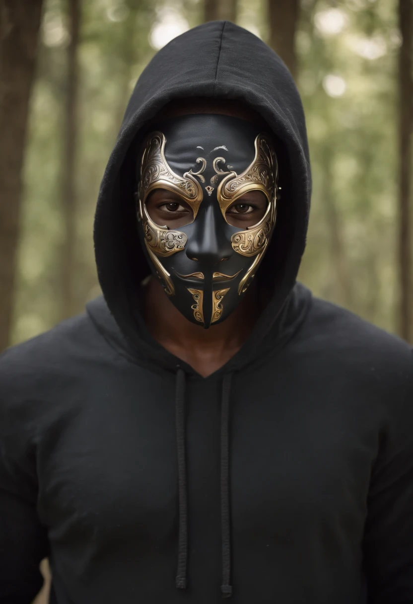 Mysterious frontal African male characters with a black hoodie hiding his face and wearing a mask just showing the eyes the place and mysterious