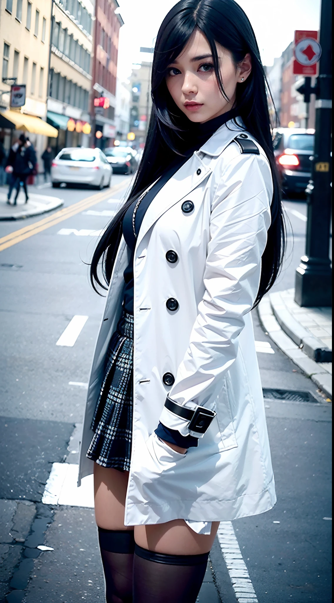 (Best quality,4K,8K,A high resolution,Masterpiece:1.2),Ultra-detailed,(Realistic,Photorealistic,photo-realistic:1.37),Long-range shooting,Blue-haired woman,Hair falls on the left shoulder,Wears a white trench coat lined in red, blackminiskirt,Patterned stockings,High heels,Walking on the street,Portrait,conceptual art,Blurred background,Soft lighting,Vivid tones