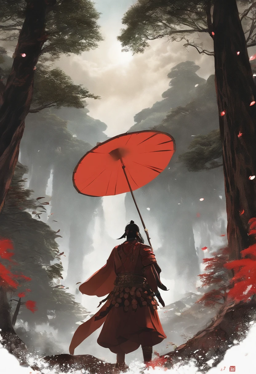Stylish Japanese anime digital illustration, Ise was successful、Japanese Isekai Tensei animation、Guan Yu lands in the jungle of another world、Otherworldly jungle,Reminiscent of the jungles of Vietnam、Feminine Guan Yu、nioh standing、Red glowing background, Standing on the ground,boast。The ground is covered with mucus、A large group of mushrooms sparkles around the tree、Intimidate a bunch of monsters with his proud hegemony、Hyper Sharp Image, Hyper Sharp Image, Shinkai sincerely, Toriyama Akria, Gibri, Zelda,