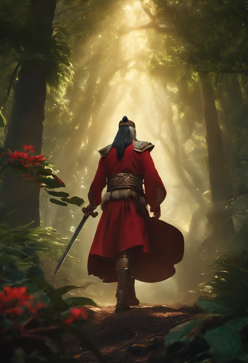 Stylish Japanese anime digital illustration, Ise was successful、Japanese Isekai Tensei animation、Guan Yu lands in the jungle of another world、Otherworldly jungle,Reminiscent of the jungles of Vietnam、Feminine Guan Yu、nioh standing、Red glowing background, Standing on the ground,boast。The ground is covered with mucus、A large group of mushrooms sparkles around the tree、Intimidate a bunch of monsters with his proud hegemony、Hyper Sharp Image, Hyper Sharp Image, Shinkai sincerely, Toriyama Akria, Gibri, Zelda,