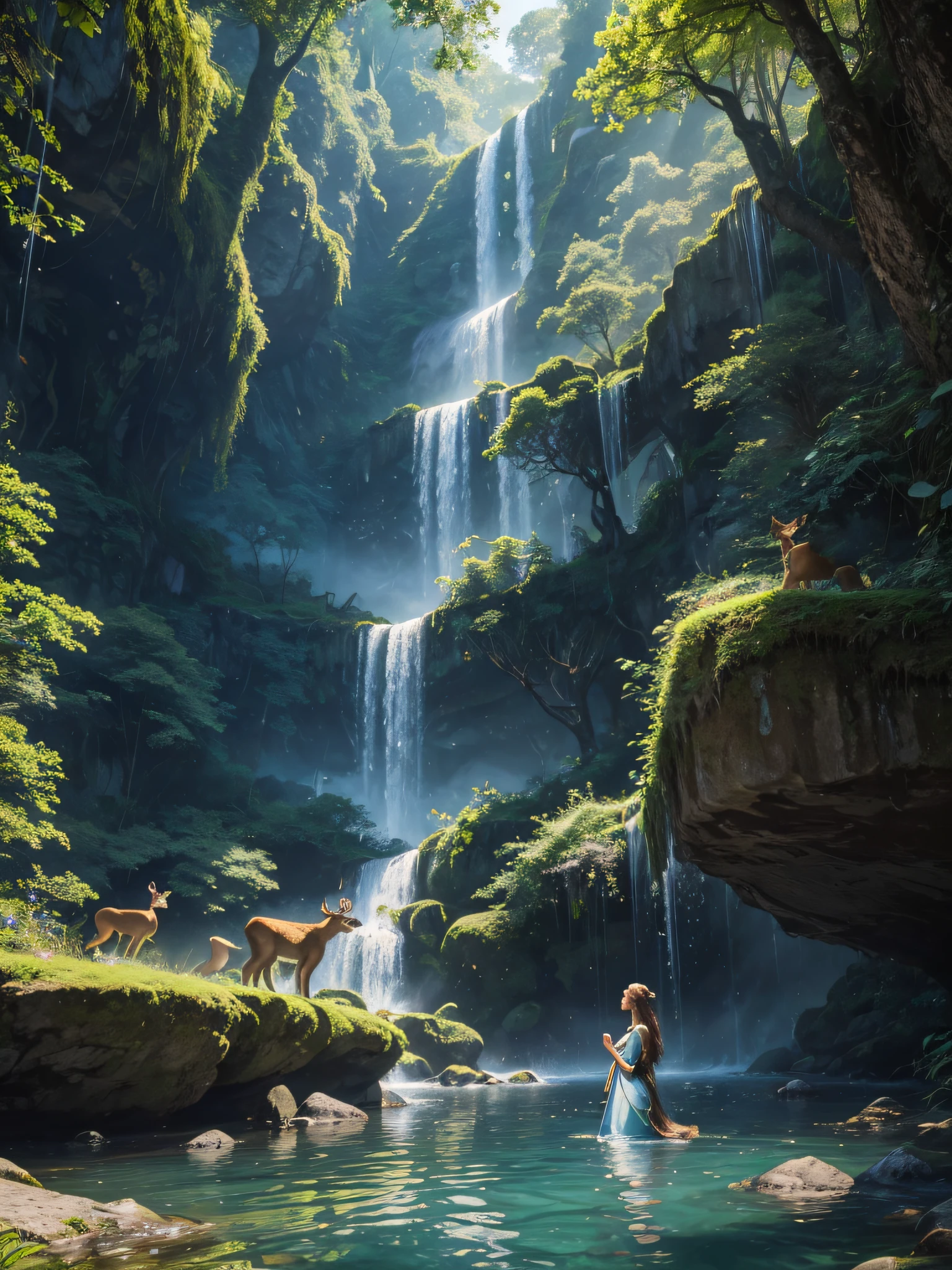 best quality, 4k, 8k, highres, masterpiece:1.2, ultra-detailed, realistic:1.37, portraits, landscape, concept artists, a girl in a fantasy jungle, beautiful detailed eyes, beautiful detailed lips, extremely detailed eyes and face, long eyelashes, girl looking towards something in awe, enchanted expression, flowing hair in the wind, fairy-like appearance, vibrant colors, soft lighting, magical atmosphere, glowing plants and flowers, ancient trees towering above, thick foliage creating a sense of mystery and secrecy, golden sunbeams filtering through the leaves, exquisite details in every leaf and flower, reflections on the river's surface, crystal-clear water in the river, golden fish swimming gracefully, frolicking deer in the distance, playful squirrels jumping from tree to tree, majestic waterfall in the background, water cascading down with great force, revealing a hidden cave behind the waterfall, mystical creatures watching from the shadows, unforgettable and surreal.