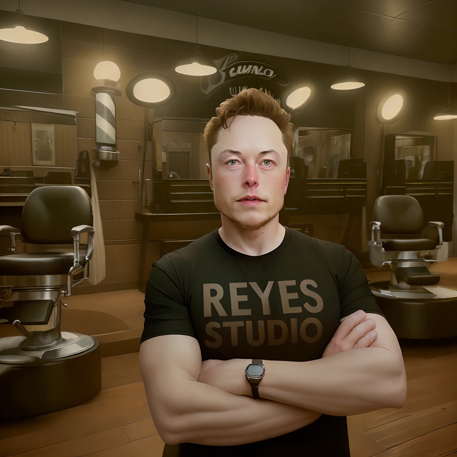 Generates a digital image of Elon Musk in a confident pose, with his arms crossed, wearing a black t-shirt with the inscription “REYES STUDIO” on the chest. The background of the scene must represent an authentic barbershop, with characteristic elements such as a classic vintage barber chair, antique mirrors, and traditional decoration details, epic realistic photography, hyperrealistic.
