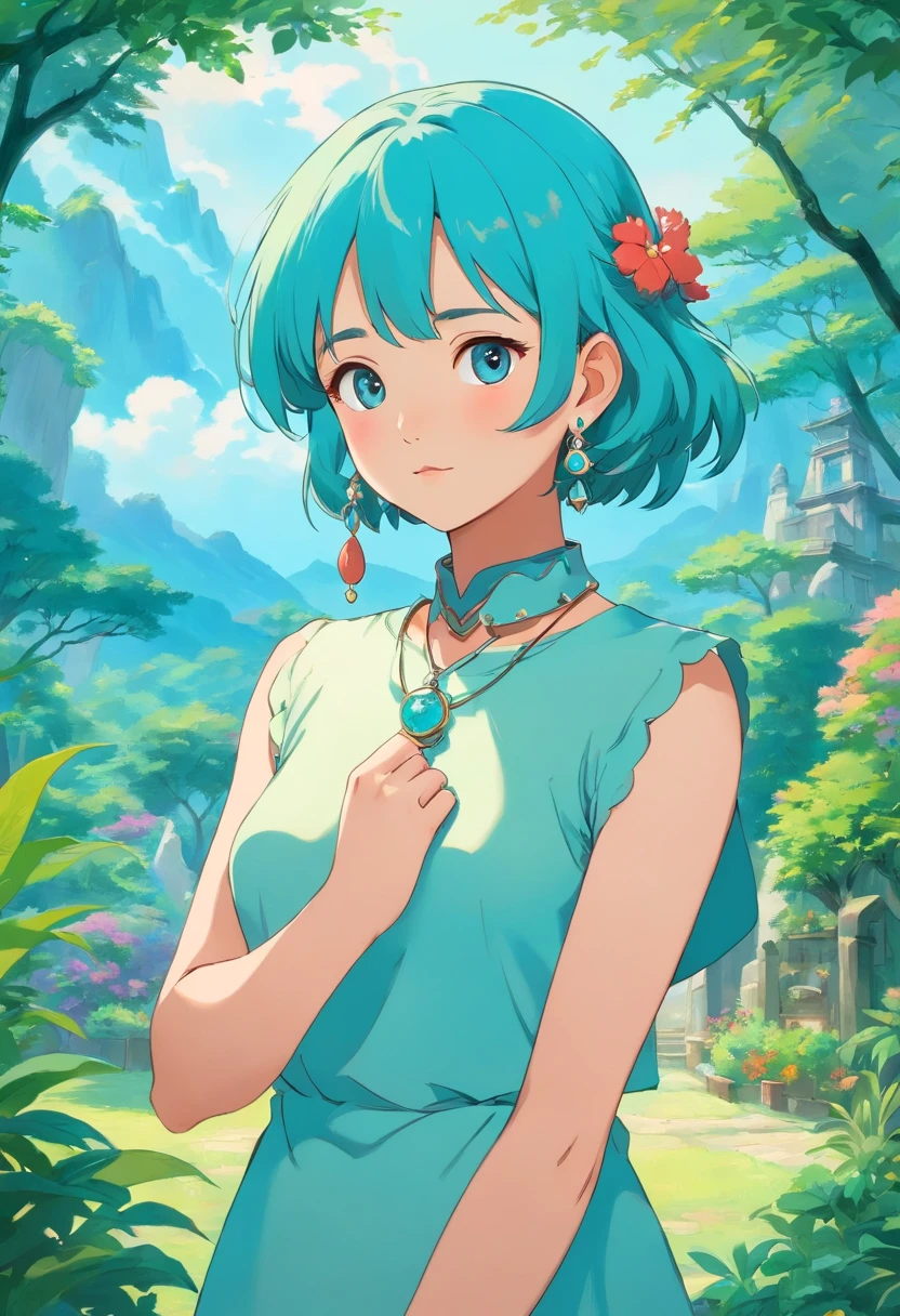 a girl wearing an anime collar, a long necklace and earrings, in the style of tranquil gardenscapes, colorful animation stills, masami teraoka, aquamarine, paul gauguin, Embry style, honest portrayal
