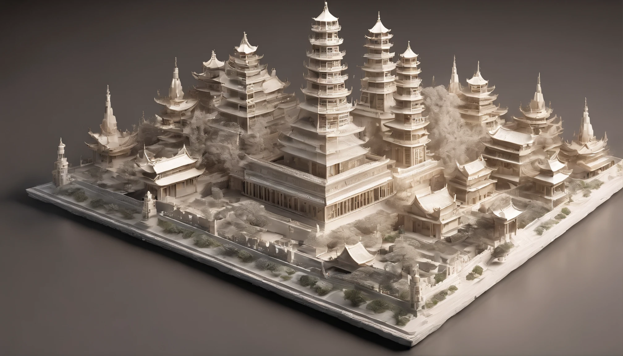 A huge floating Chinese-style city hovers above the clouds, Supported by huge shaded stone beams，It seems to defy gravity. The architecture of the Windy City of China is made of gleaming materials，Sparkle like a magic crystal in the light, Intricate dragon tooth carvings and mysterious runes are carved into their surfaces. Bridges and sidewalk networks connect various structures, Everything is made of wisps of ethereal elven wood. The entire Chinese city is bathed in pastel tones, The holy light stones lining the street emit pulsing light，Illuminate the towering spires. In the heart of the Chinese city sits a huge courtyard, Paved with glowing holy light stones. Huge statue of the devil, Made entirely of jagged soul crystal blocks, Looming in the yard, Emanating intense energy，It seems to distort the surrounding air. In the distance, A dark fortress made of black troll skin towers over China's Windy City, Constant reminders of the dangers lurking outside the walls. But for those who call this floating Chinese-style city home, It's a paradise like no other, where the realms of magic and technology intertwine，A truly awe-inspiring spectacle is created.Paper carving，paper cut out