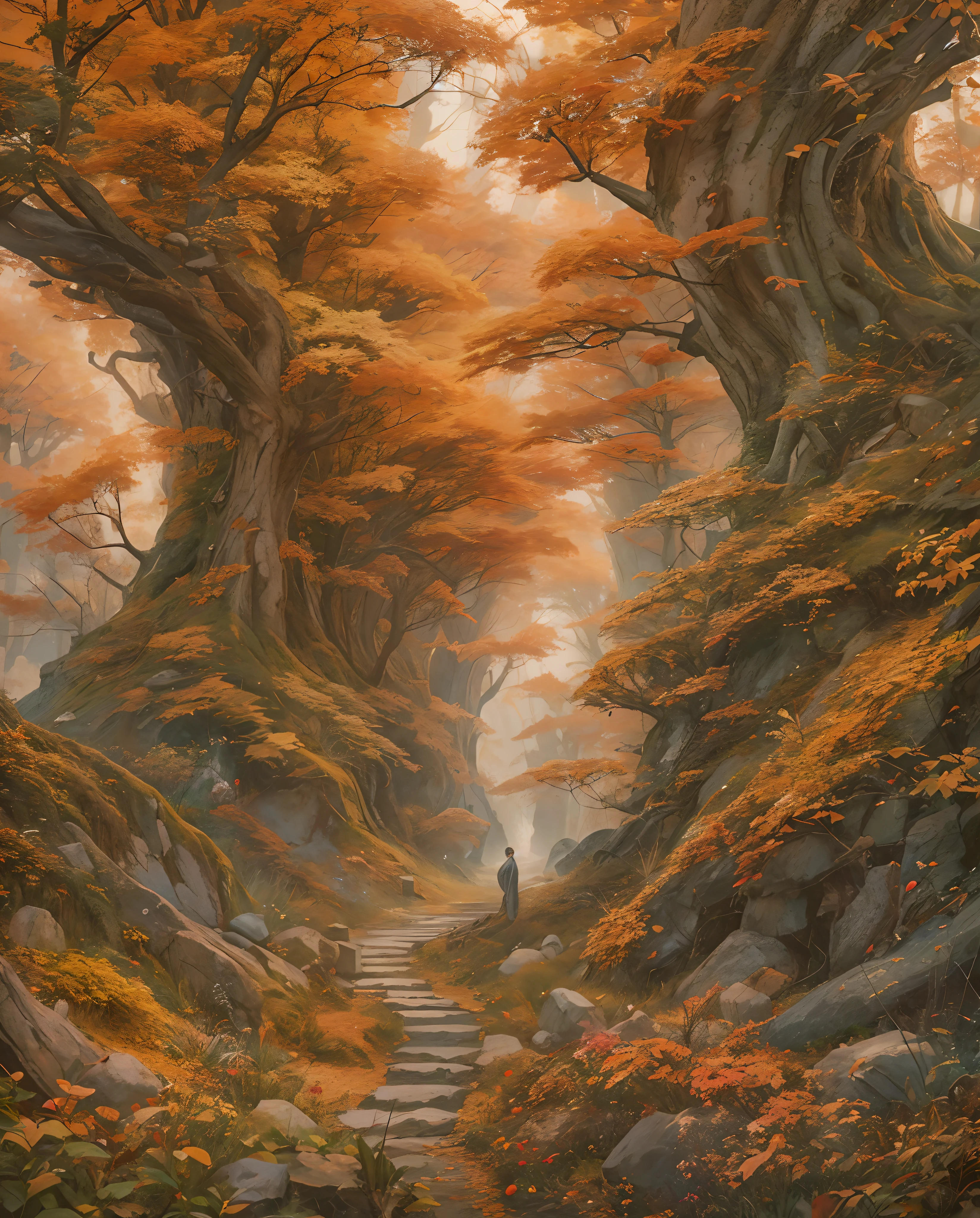 Best quality, masterpiece, meticulous details, intricate detail, autumn in mystical alien's planet