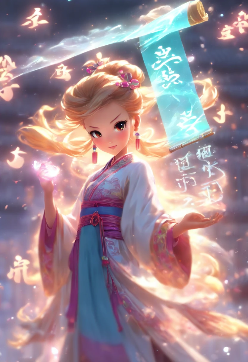 1girll,Solo，Young scholars of ancient China，(Hold the transparent illuminated scroll:1.5)，(Transparent glowing kanji hovering in midair:2)，（Transparent kanji background：1.5），Vertical text，glittery，Scholar in blue robes，Long flowing hair flutters in the wind，16k, hyper HD, high resolution, Very detailed, Best image quality,dynamicposes，(20 columns of Chinese characters:2)，arranged in an orderly fashion