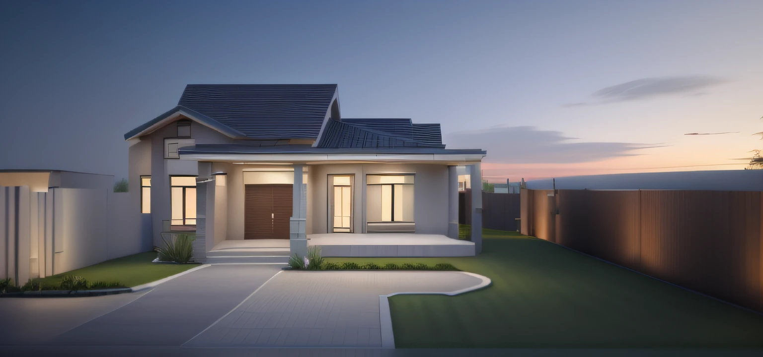 a rendering of a house with a fence and a gate, 3/4 view realistic, exterior design, vue 3d render, wide establishing shot, front view dramatic, comprehensive 2d render, detailed rendering, 3d rendering, 3d rendering, complete house, front perspective, 3d perspective, 3d finalrender, 3d finalrender, residential design,(masterpiece),(high quality),best quality,real,(realistic),super detailed, (full detail),(4k),8k,modern house exterior design,Modern Architecture, beautyfull_sky,Day light,no_humans outdoors,sky,tree,Garden flower front of building,Pool_With_Blue_water,plant font house