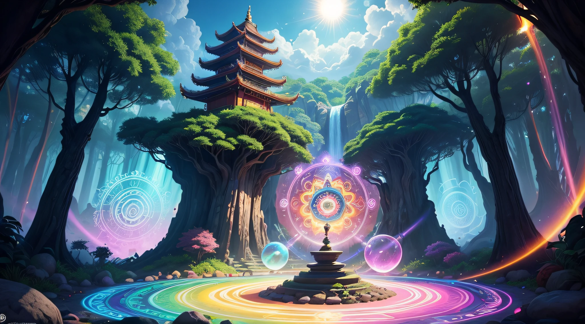 magic circle, tropical forest, flowers of all colors and shapes, pagoda, flowers of all colors and shapes, beautiful dress, kundalini, Magic Tape, waterfall, zen garden, huge rocks, hyper realistic, fantasy, materialized luminous energy, energy spheres, psychedelic art, colorful, sun, clouds, bird's eye view, yin yang, pendulum