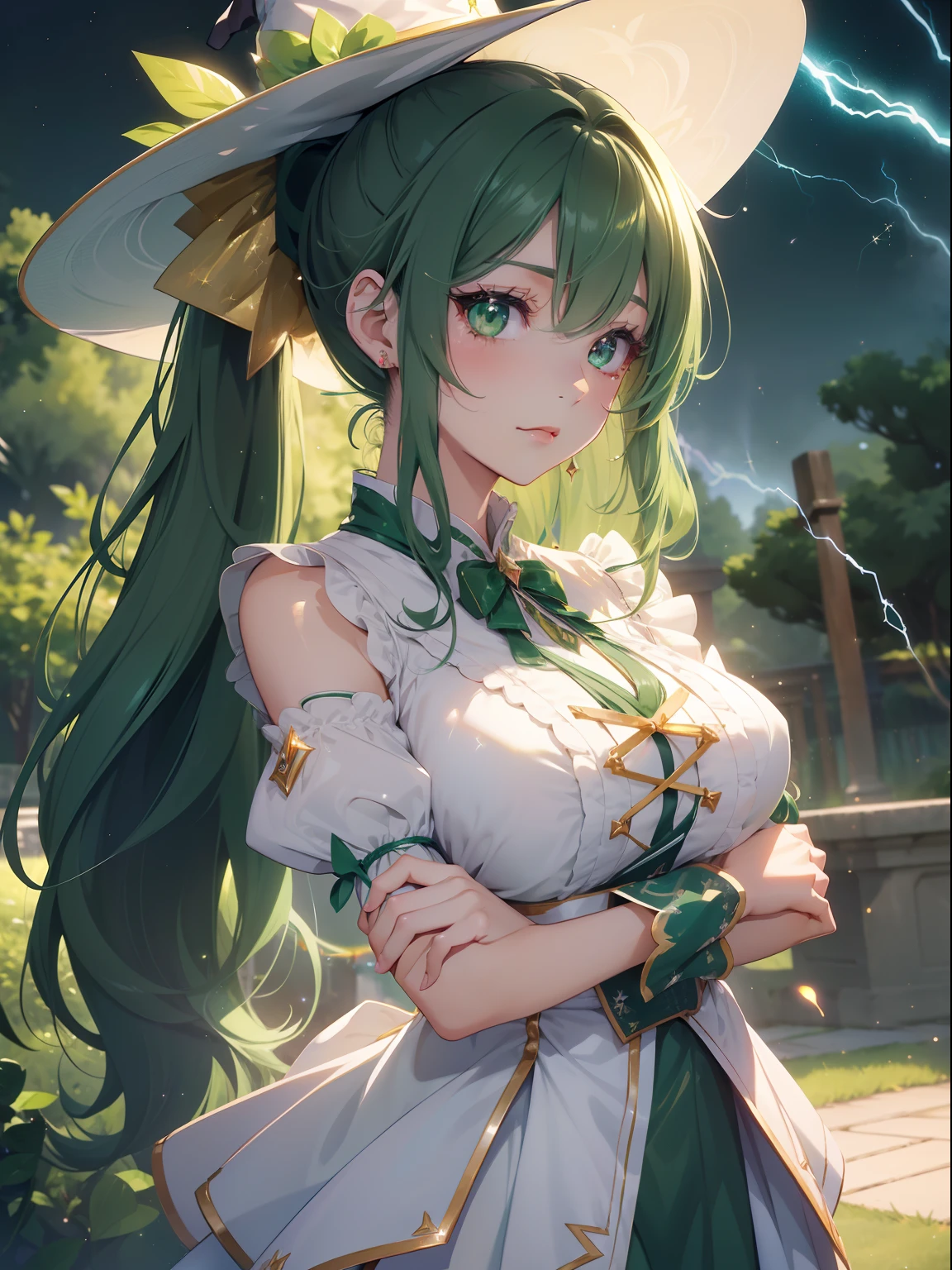 masutepiece, High resolution, 8K, anime woman, Delicate and detailed writing 、Detailed digital illustration、absurdly long hair、(((Ponytail)))、Shiny hair、a very beautiful woman、Eyes are double, Large,Little hanging eyes、 Bust E Cup、High image quality, High quality、Detailed background、((Wizard Background))、The inside of the eye shines like a diamond、(((Dark green hair)))、Gradient pupil、(((2 arms、4 fingers, 1 thumb)))、Detailed female face、a very beautiful woman、、细致背景、​masterpiece、Soft Focus , Bright gradient watercolor , Lens Flare , (((Glitter))) , Glow , Dreamy ,a miniskirt、Idol、Light Green Ribbon、Very beautiful light green rose hair accessories、Light green and gold costume with white as the main color、((Macroface))、(Cool Girl).Tall lady、Dignified.((No bangs))、(((Witch)))、holding a magic wand、Thunder background、Witch Hat、(((Lightning)))、angry