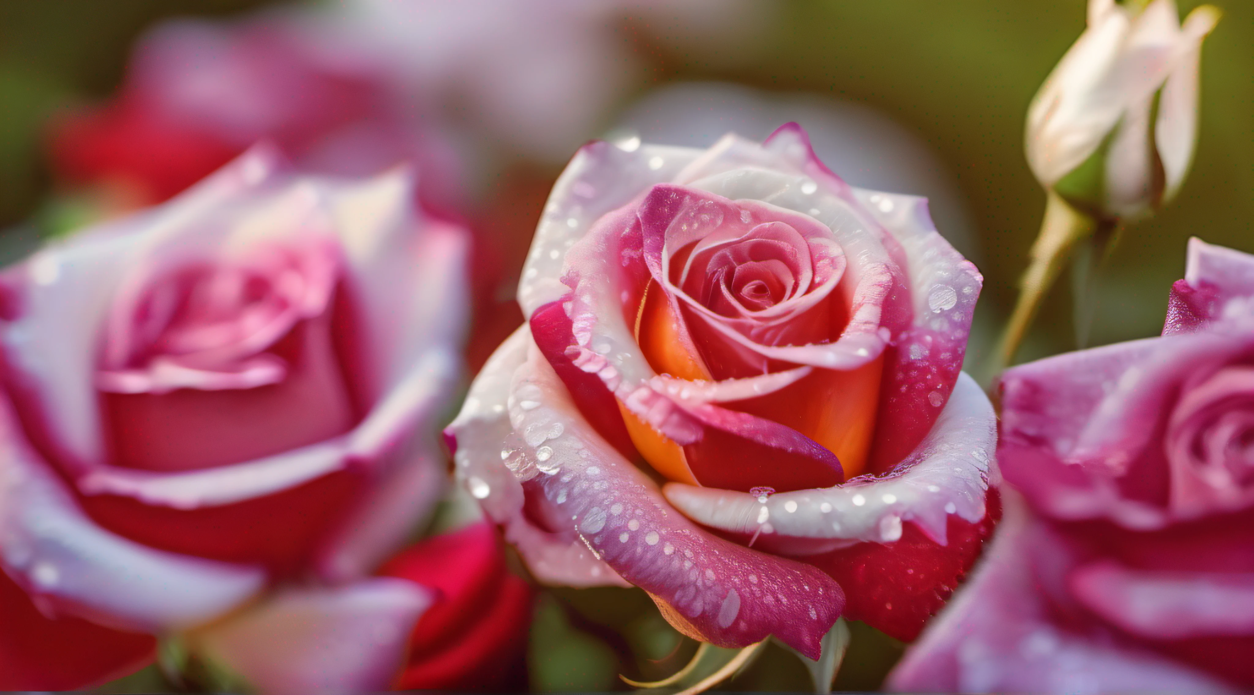 many red and white rose flowers in the garden and sunlight with bokeh, there are many different colored roses, Dew drops on flower petals, (masterpiece, ultra quality, high resolution, 8k, intricate: 1.2), (masterpiece), (best quality:1)