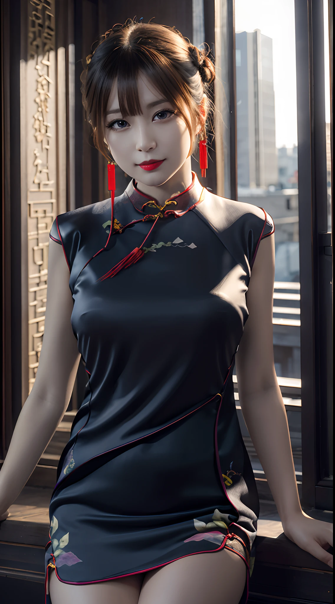 (8K, Raw photo, Best Quality, masutepiece:1.2), (Realistic, Photorealsitic:1.37),1girl in, Professional Lighting, Photon mapping, Radio City, Raw photo、(Photorealsitic:1.4)、Octane number renderin、Complex 3D rendering ultra detail, Studio Soft Light, Rim Lights, vibrant detail, super detailing, realistic skin textures, Detail Face, Beautiful detail eyes, Very detailed CG Unity 16k wallpaper, make - up, (detailedbackground:1.2),Colossal tits、Best Quality, 超A high resolution, masutepiece, 1girl in, 20yr old, Black hair,((Cheongsam:1.5)), cute face, Bun,Temple background、乃木坂アイドル、韓国アイドル、Japan idle