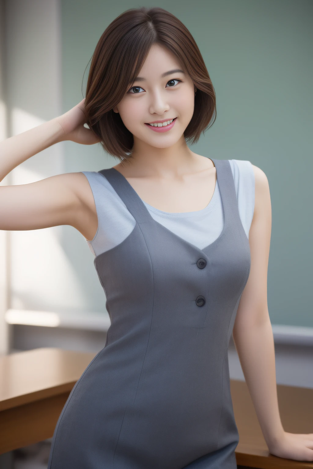((8k:1.27、top-quality、​masterpiece、超A high resolution:1.2))、 beautiful japanese female、 (High School Teacher:1.2)、1girl、teacher outfit、a large bust:1.5、valley、Dark hair、black eyes、short-hair、Beautuful Women、High School Classroom、early evening、A seductive smile、((perfect anatomia、Beautiful limbs,Healthy body、Beautiful skin))、profetional lighting、Professional filming、gravure、