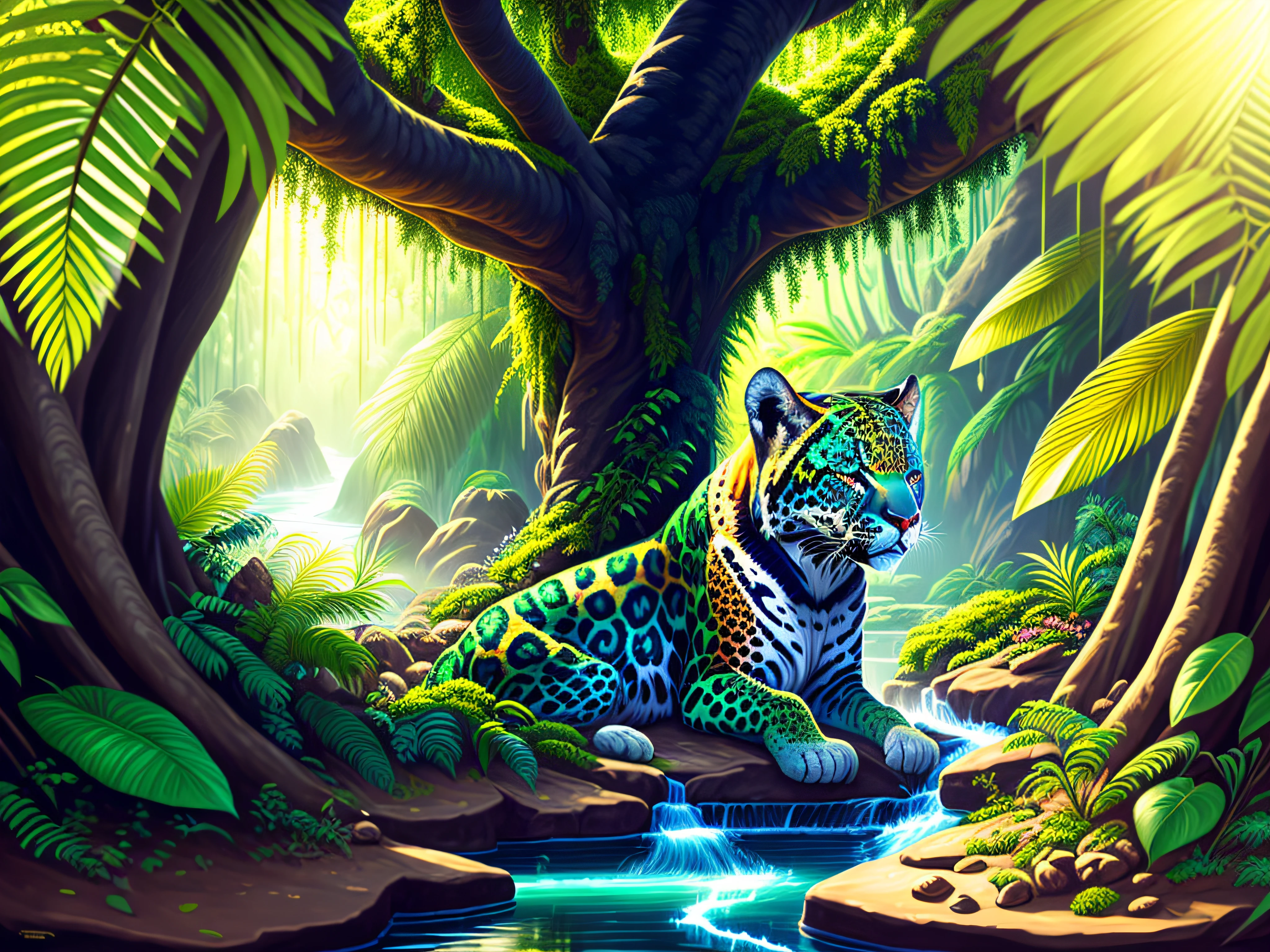 (best quality,highres,masterpiece:1.2),vibrant fantasy jungle scene,jaguar,stunning tropical foliage,colorful flowers,sunlight filtering through the canopy,liana vines hanging from the trees,rippling waterfall,emerald green moss covering the ground,majestic waterfall in the distance,exotic birds flying overhead,lush ferns,ancient ruins covered in vines and moss,golden sunlight illuminating the scene,deep blues and vibrant greens in the color palette,soft, diffused lighting casting dreamy shadows,attention to detail in the jaguar's fur and eyes,magical atmosphere with an otherworldly feel